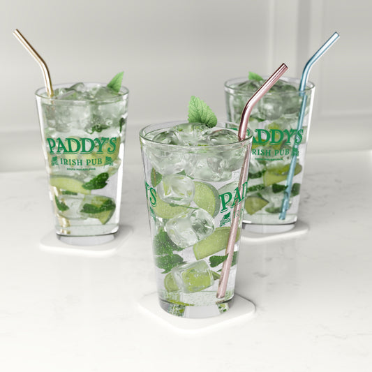 Group of 3 16 ounce clear pint glasses featuring the Paddy's Pub logo graphic from the TV Show It's Always Sunny in Philadelphia printed on both sides, sold by ScriptedBrand.