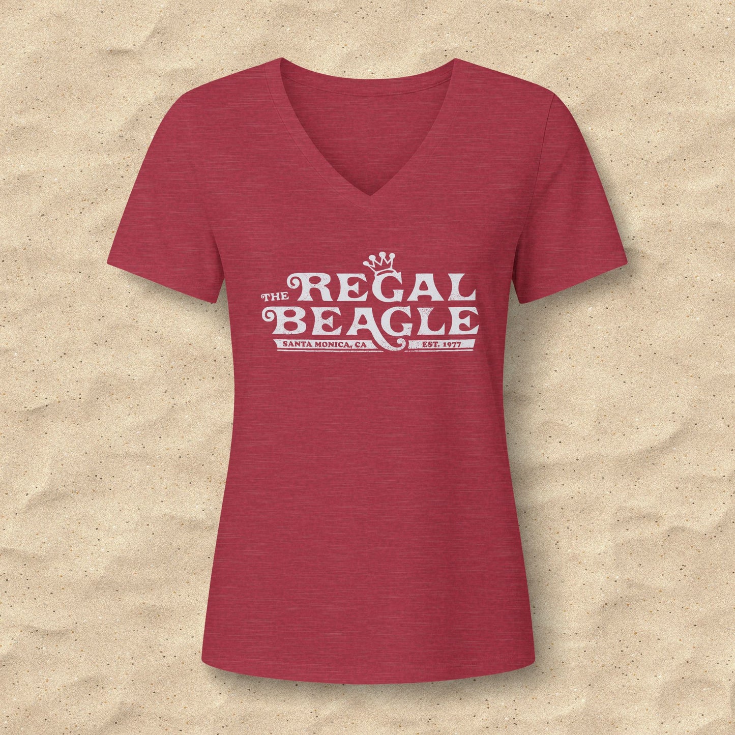 Heather red womens v-neck tee with vintage distressed Regal Beagle Three's Company logo