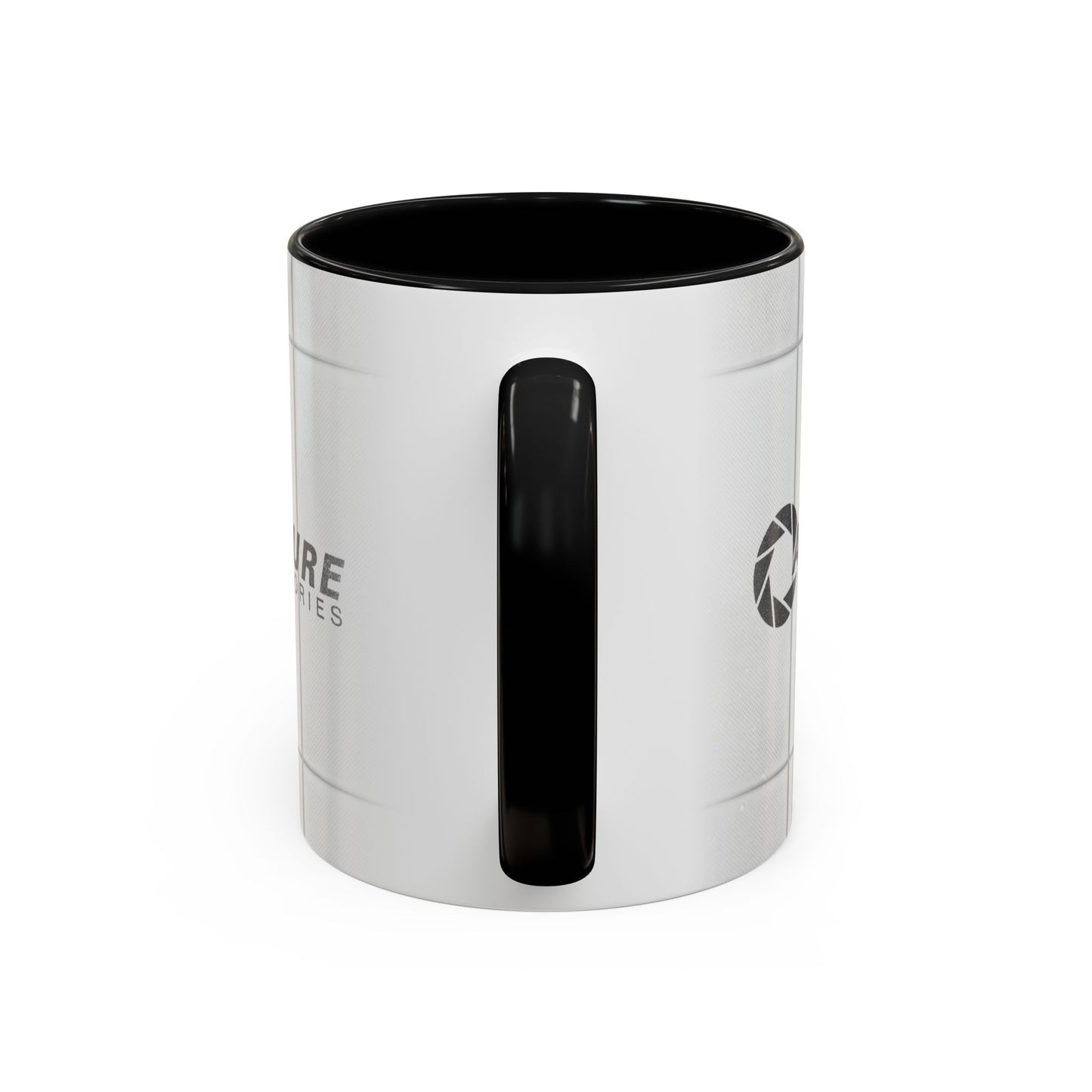 Side handle view of Black accent 11oz mug with Aperture Laboratories logo, Portal test chamber panel wall wrap, logo printed both sides.