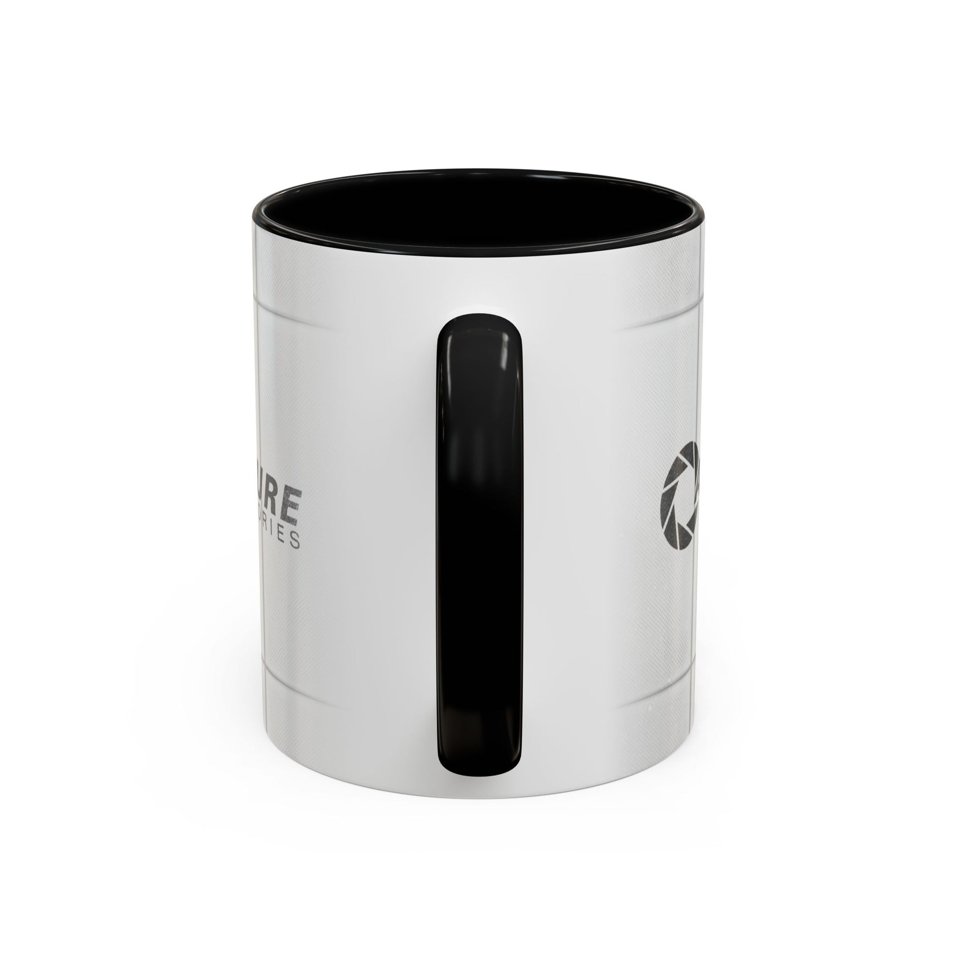 Side handle view of Black accent 11oz mug with Aperture Laboratories logo, Portal test chamber panel wall wrap, logo printed both sides.
