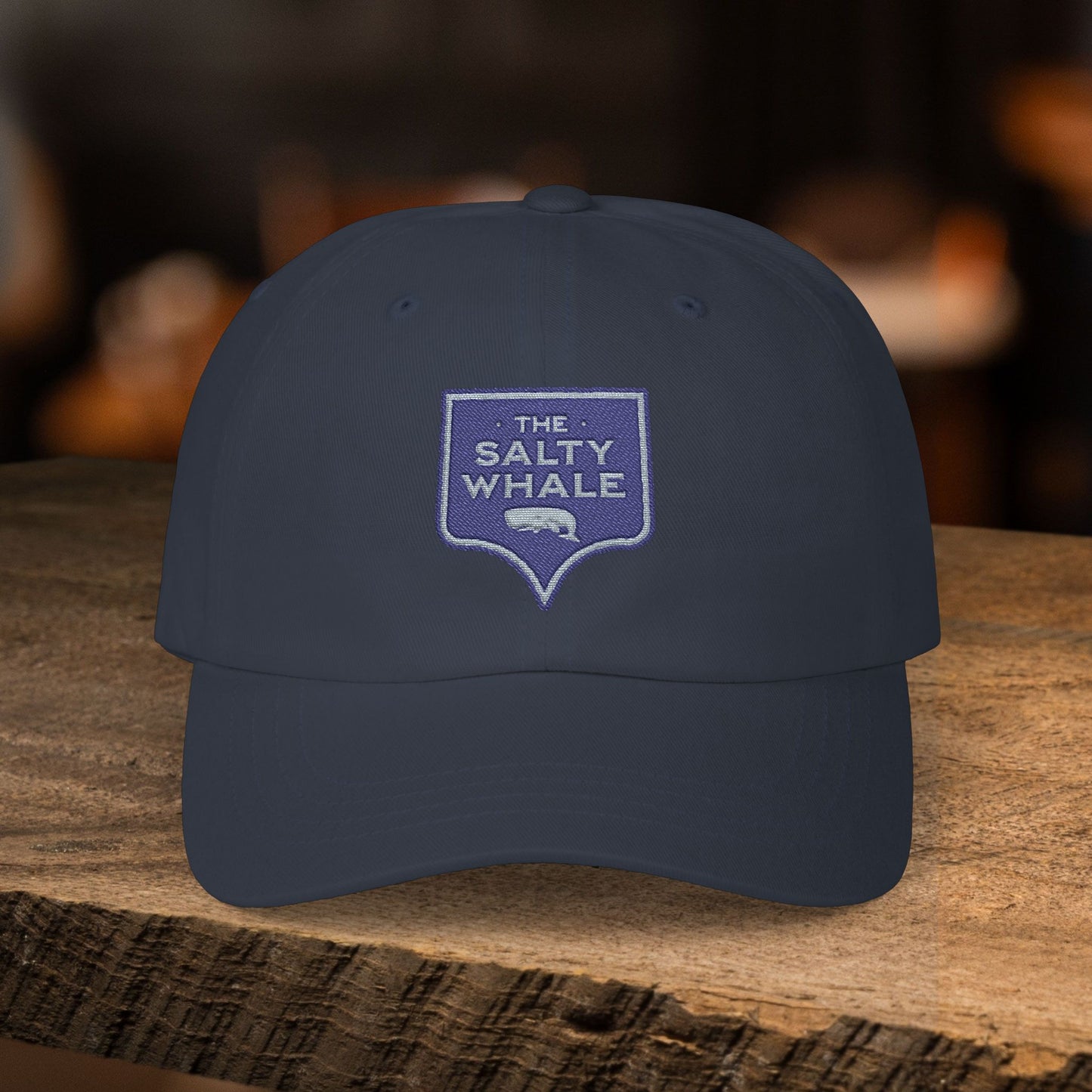 Navy blue 'The Salty Whale' embroidered sign logo dad cap inspired by Widow's Bay Apple TV series, 100% cotton baseball hat