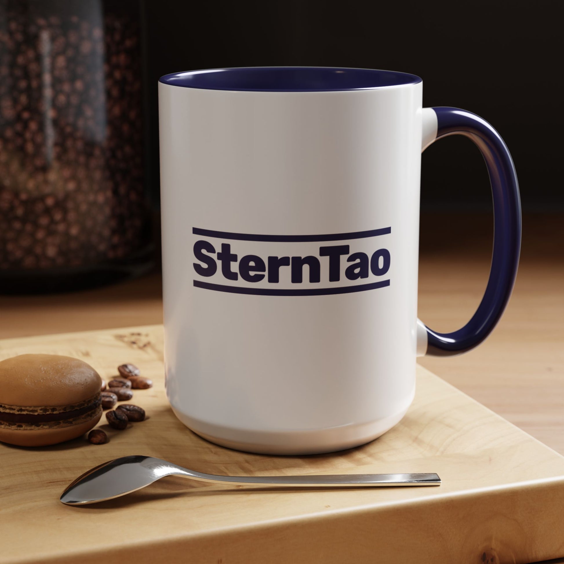 Kitchen view of SternTao logo navy accent mug inspired by Industry, white ceramic coffee mug with navy handle, two sided print