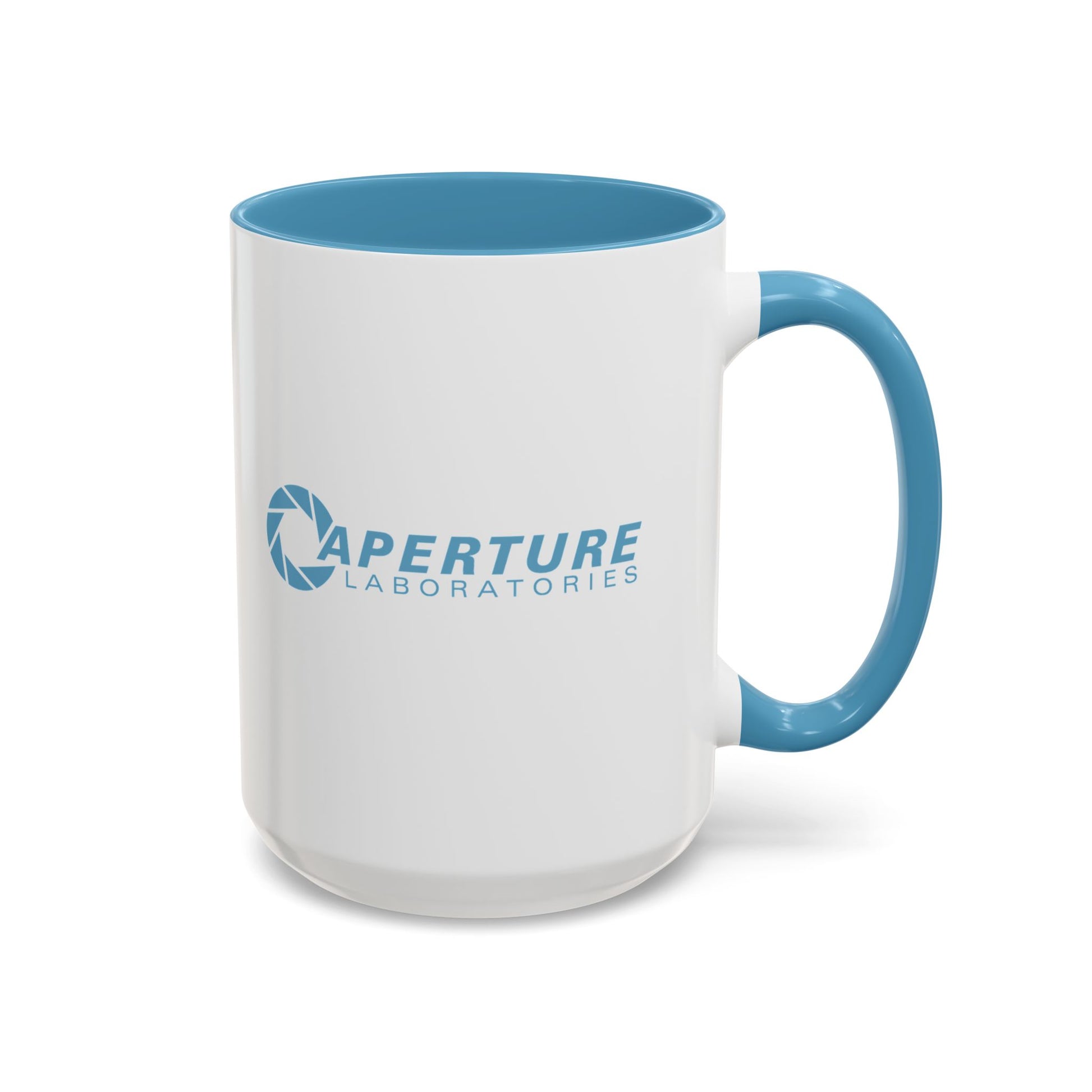 Mug with 'Aperture Laboratories' logo on a white background
