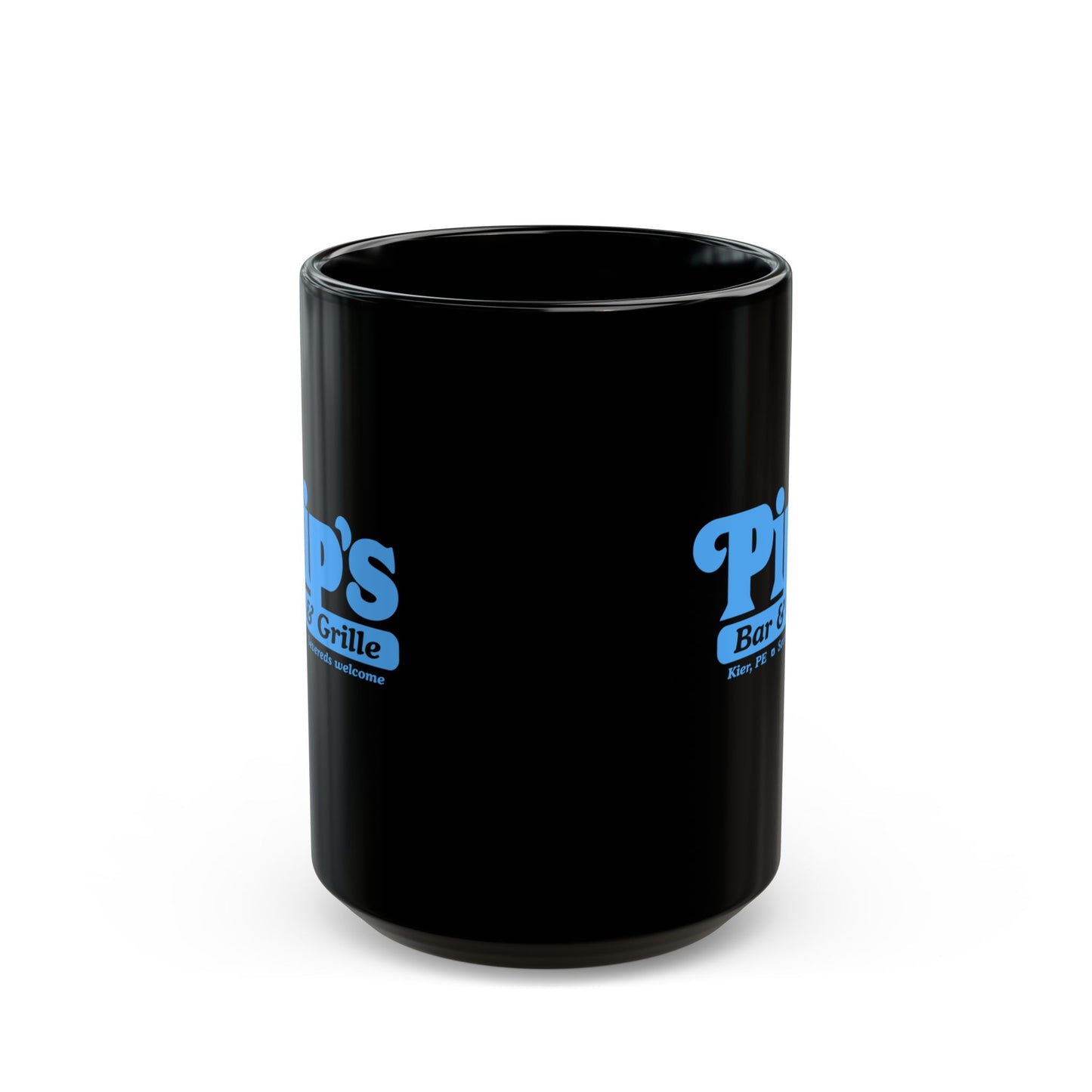 15 oz Black Ceramic Mug featuring the Pips Bar and Grill logo from the Apple TV show Severance printed on both sides in Lumon Industries blue, sold by ScriptedBrand. Handle is on the back side.
