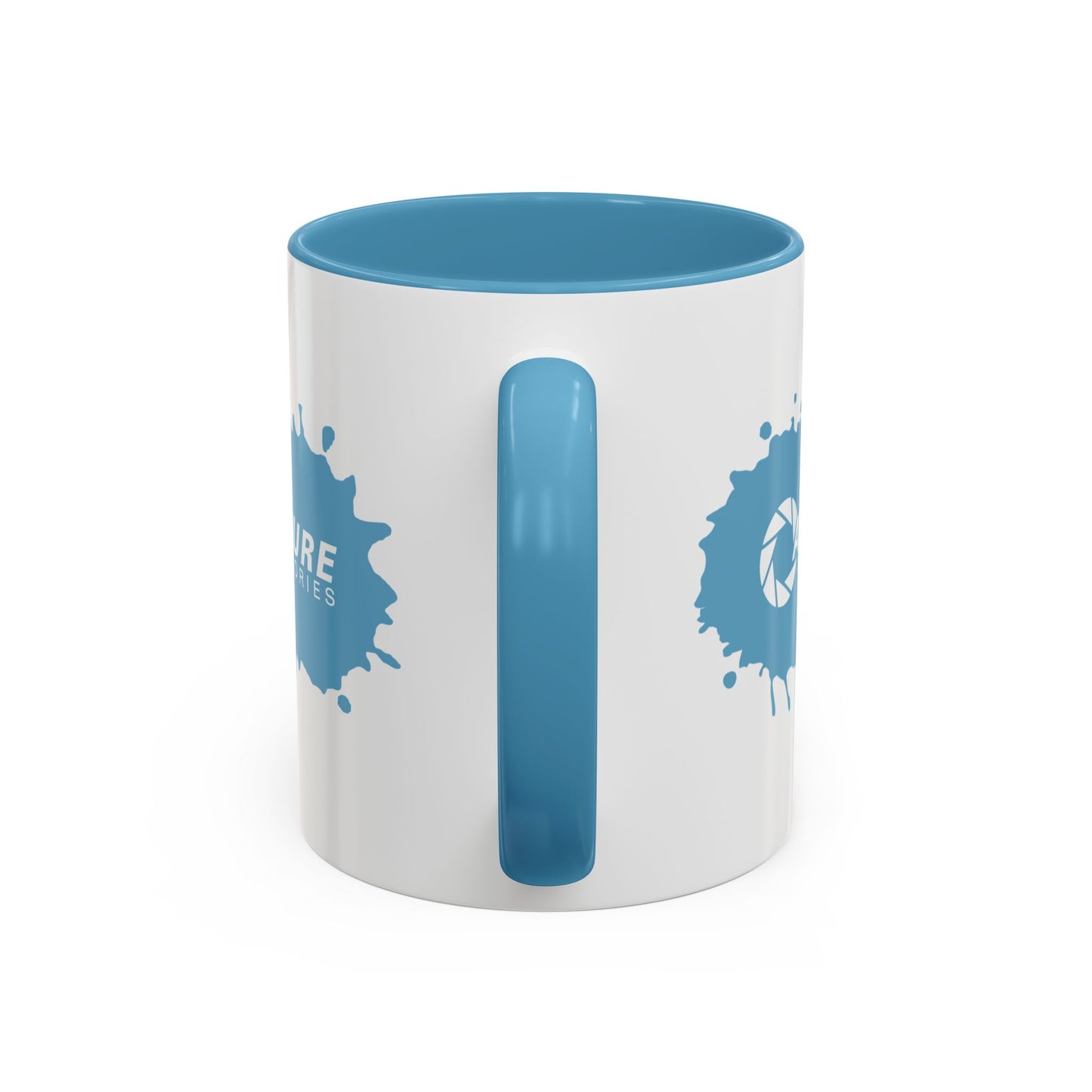 Side view of Portal 2 Aperture Laboratories blue Repulsion Gel accent mug.