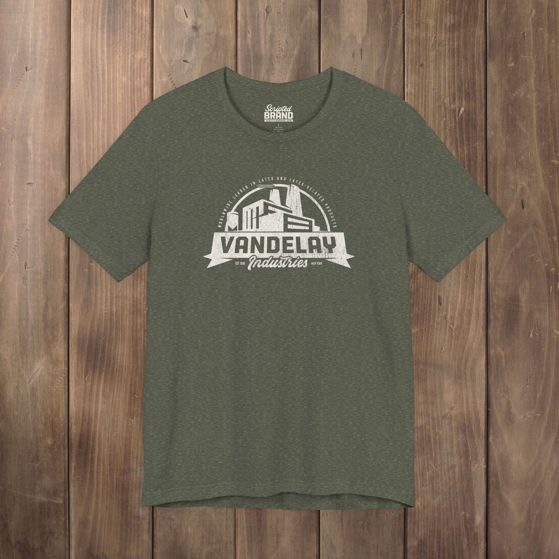 Heather Military Green Bella+Canvas 3001 t-shirt with a Vandelay Industries logo that George Costanza made up in the TV Show Seinfeld.