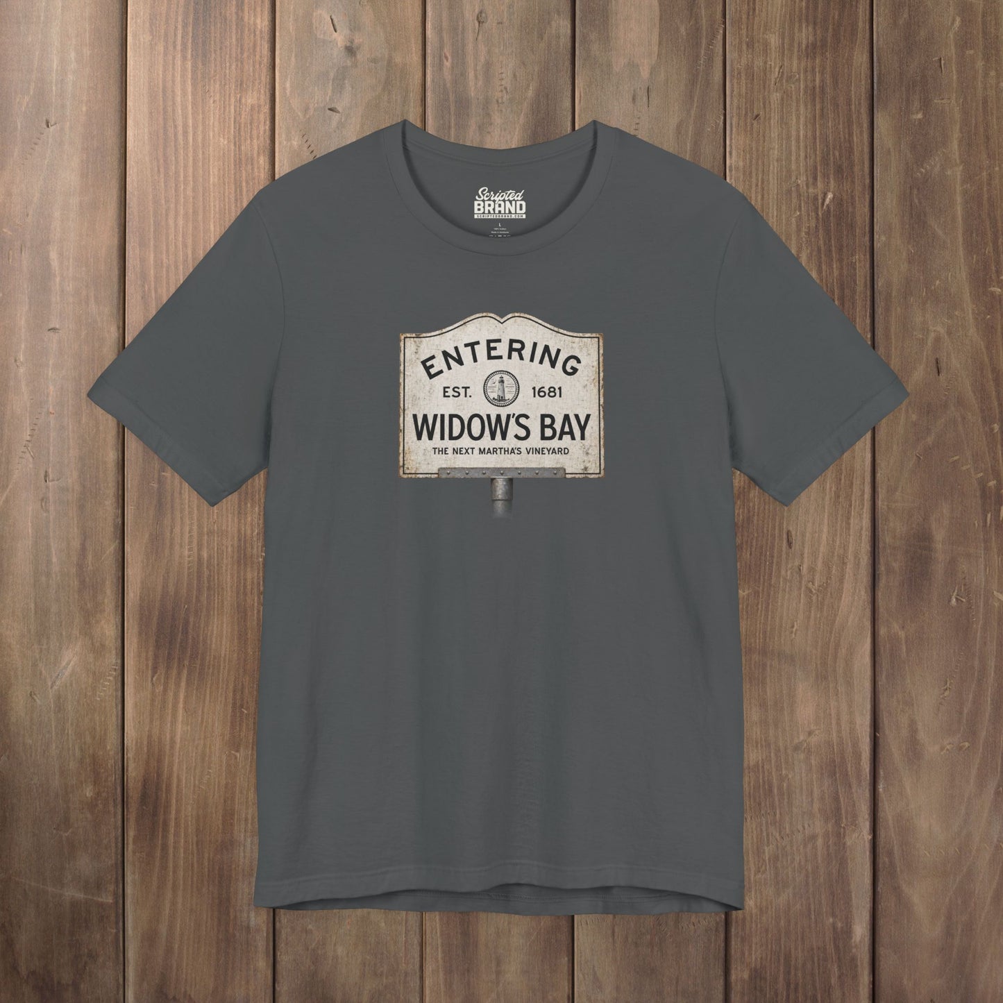 Asphalt gray 'Entering Widow's Bay' vintage town sign t-shirt inspired by Apple TV series, soft Bella+Canvas cotton New England tee