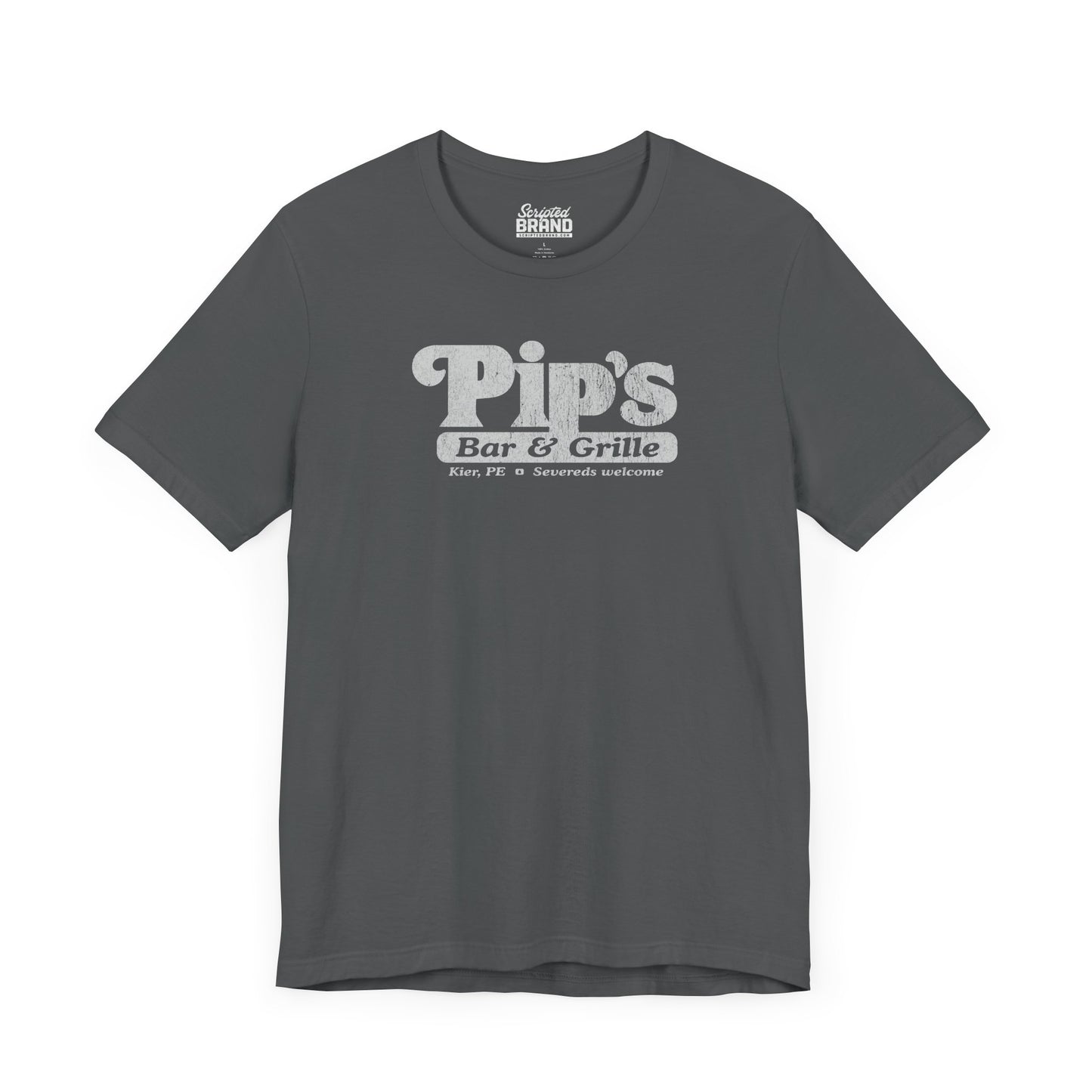 Front view of a asphalt gray colored soft Bella+Canvas shirtsleeve t-shirt with the Pips Bar and Grill logo from the TV show Severance in a vintage distressed ink-stamped worn-in style.