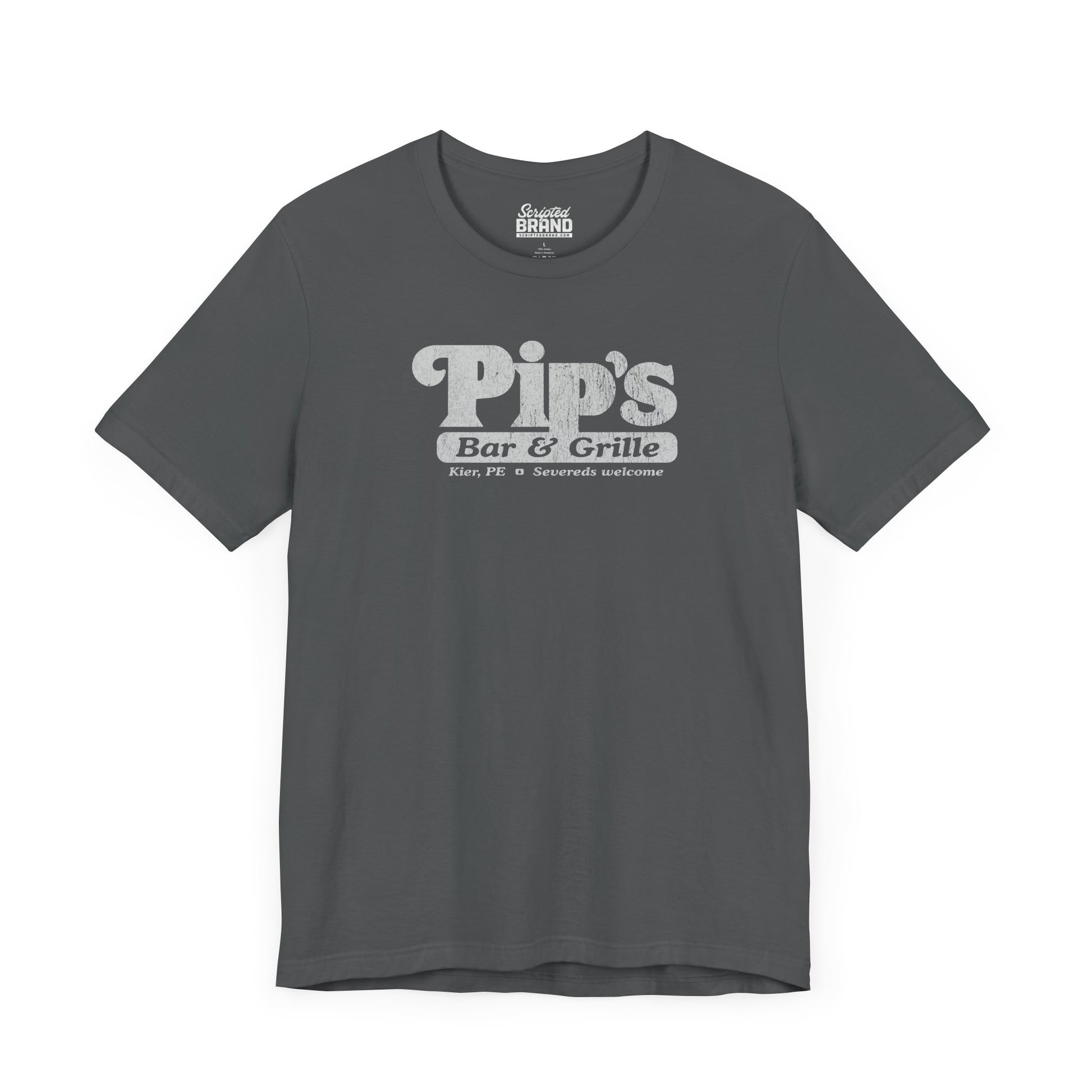 Front view of a asphalt gray colored soft Bella+Canvas shirtsleeve t-shirt with the Pips Bar and Grill logo from the TV show Severance in a vintage distressed ink-stamped worn-in style.