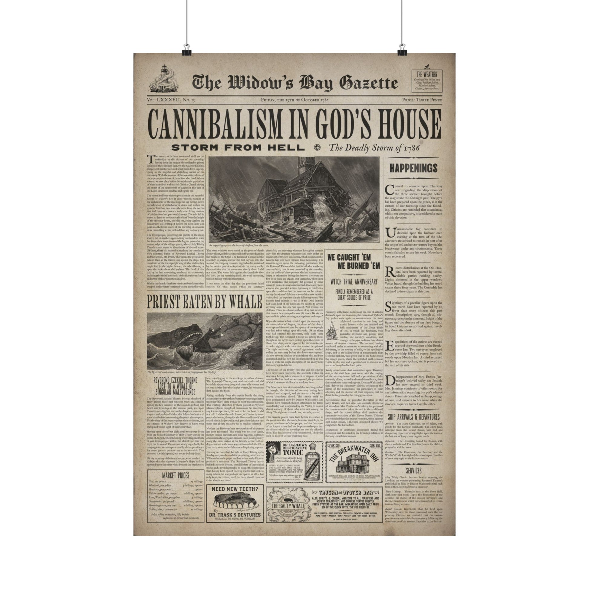 Hanging Vintage 1786 newspaper front page poster The Widow's Bay Gazette inspired by Apple TV series, matte giclée wall art print