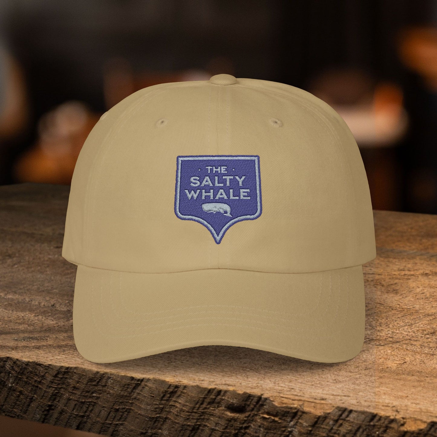 Khaki 'The Salty Whale' embroidered sign logo dad cap inspired by Widow's Bay Apple TV series, 100% cotton baseball hat