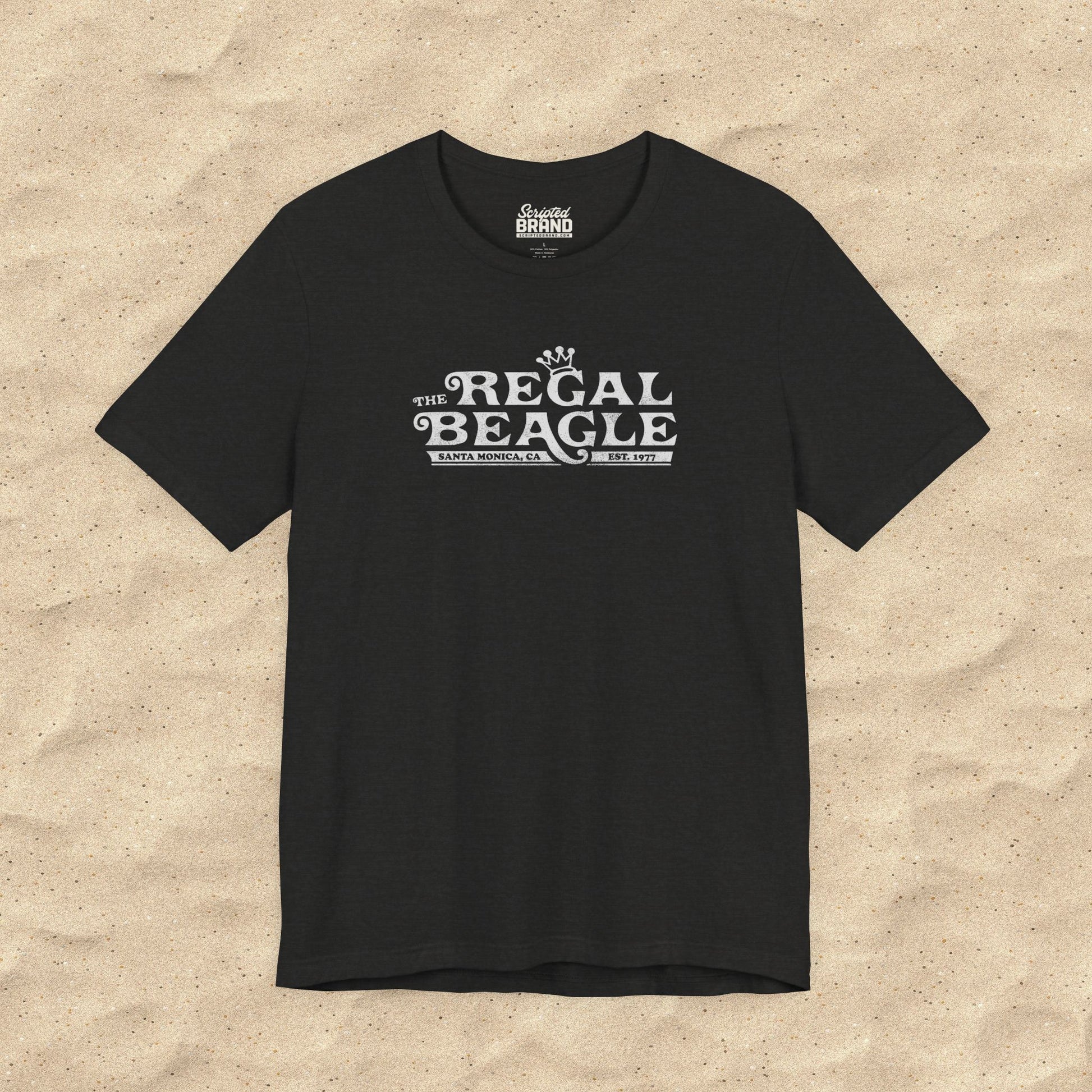 Heather black Bella+Canvas t-shirt with the Regal Beagle logo from the TV Show 'Threes Company' in a vintage distressed style.