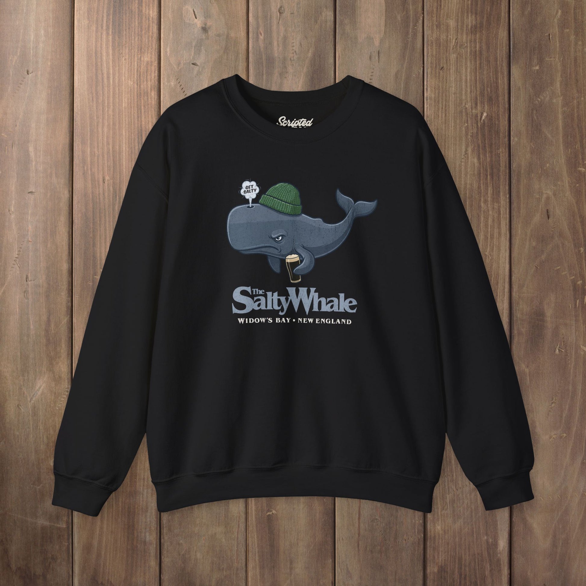 Black colored The Salty Whale cartoon mascot crewneck sweatshirt inspired by Widow's Bay Apple TV series, vintage pub fan pullover