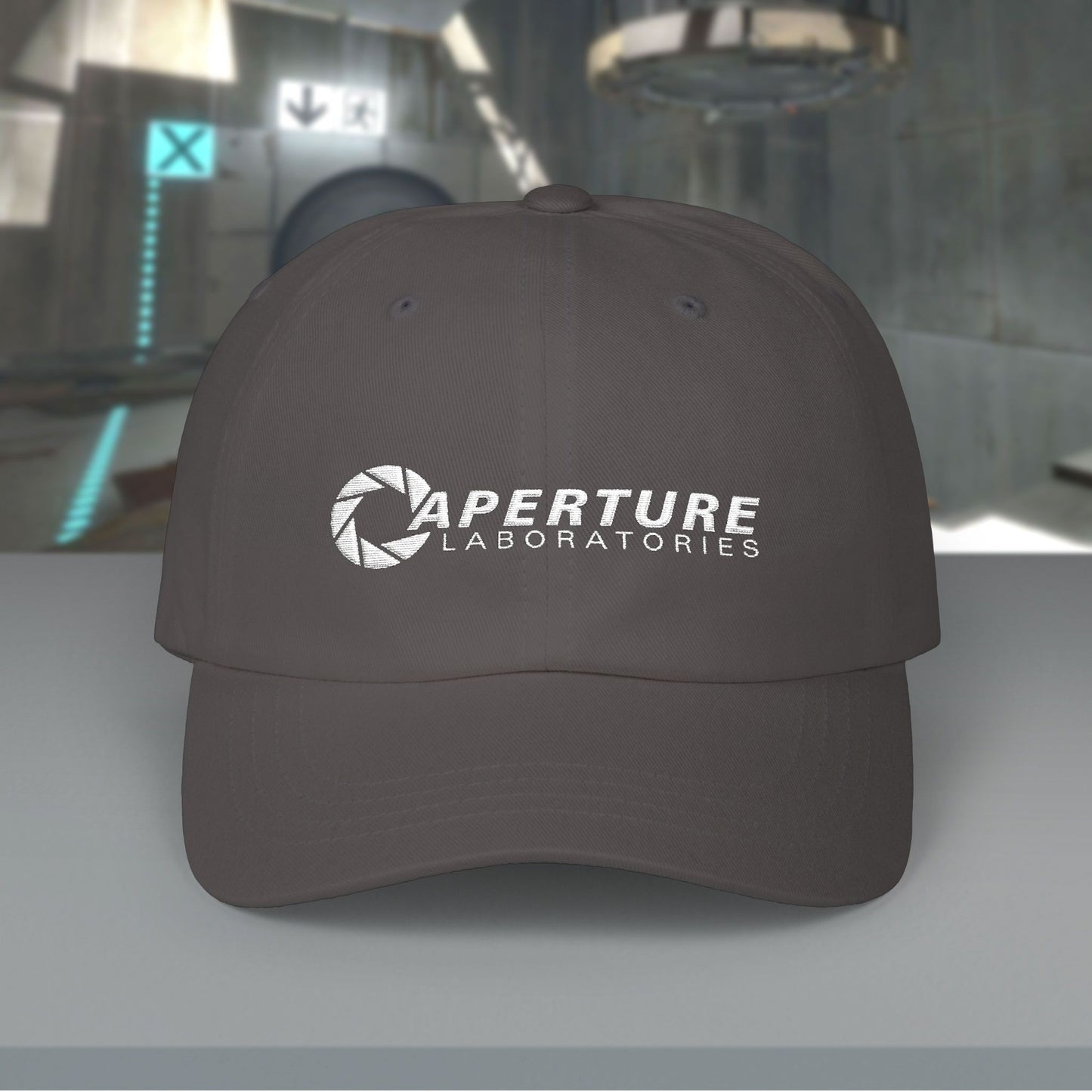 Gray Aperture Laboratories embroidered logo dad cap inspired by Portal video games, 100% cotton baseball hat