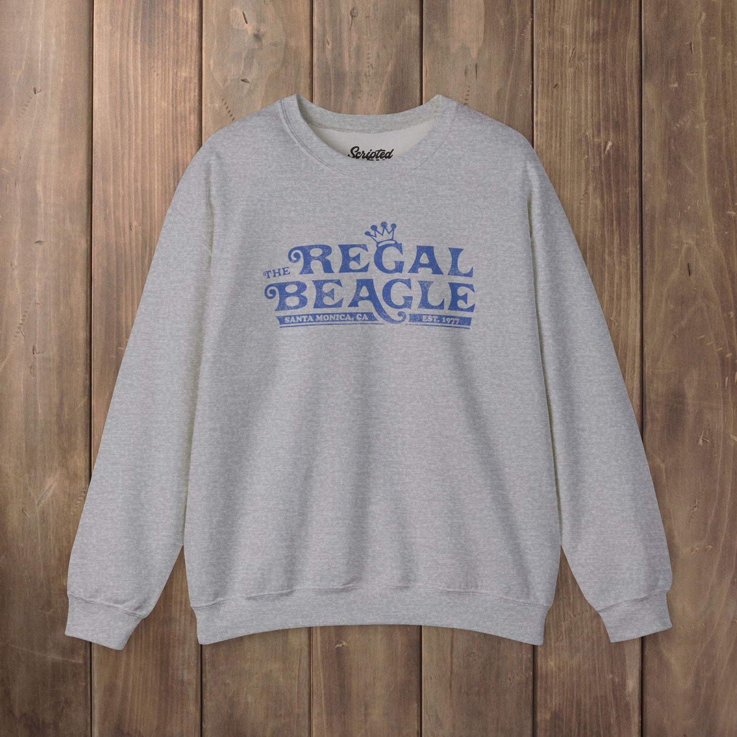 Heather gray crewneck sweatshirt with vintage distressed blue Regal Beagle Three's Company logo