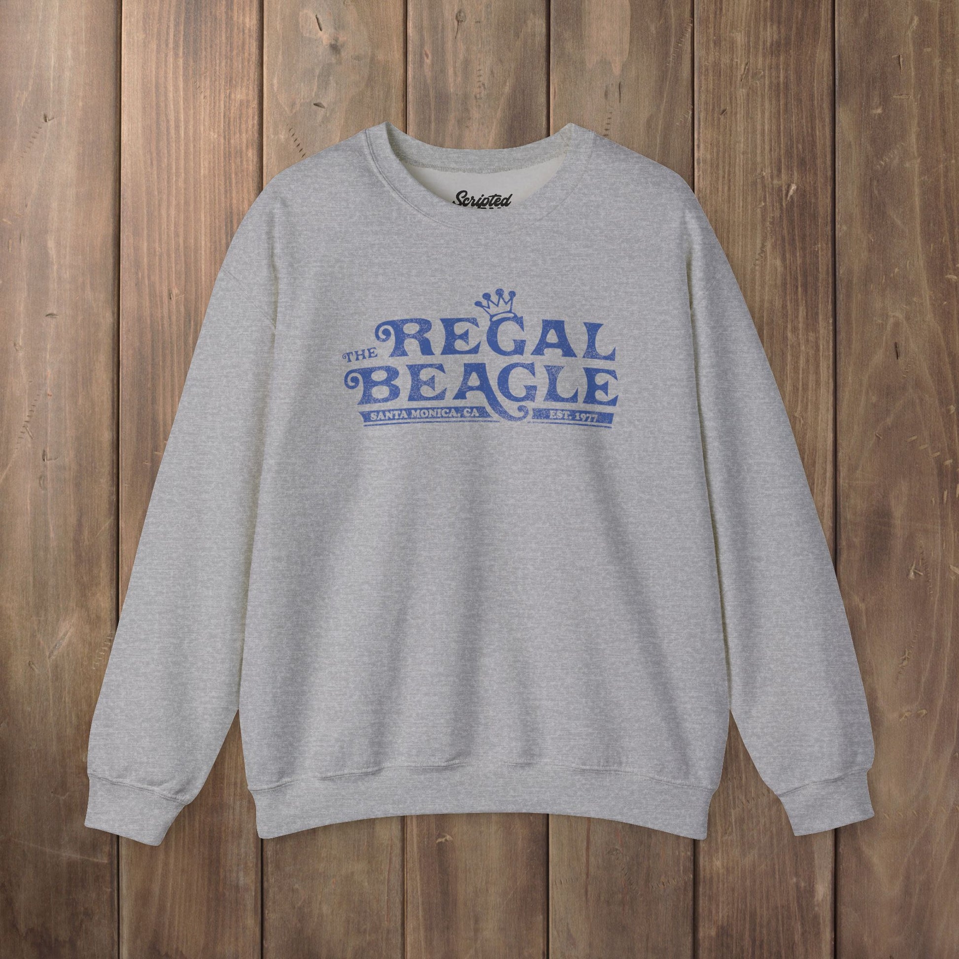Heather gray crewneck sweatshirt with vintage distressed blue Regal Beagle Three's Company logo
