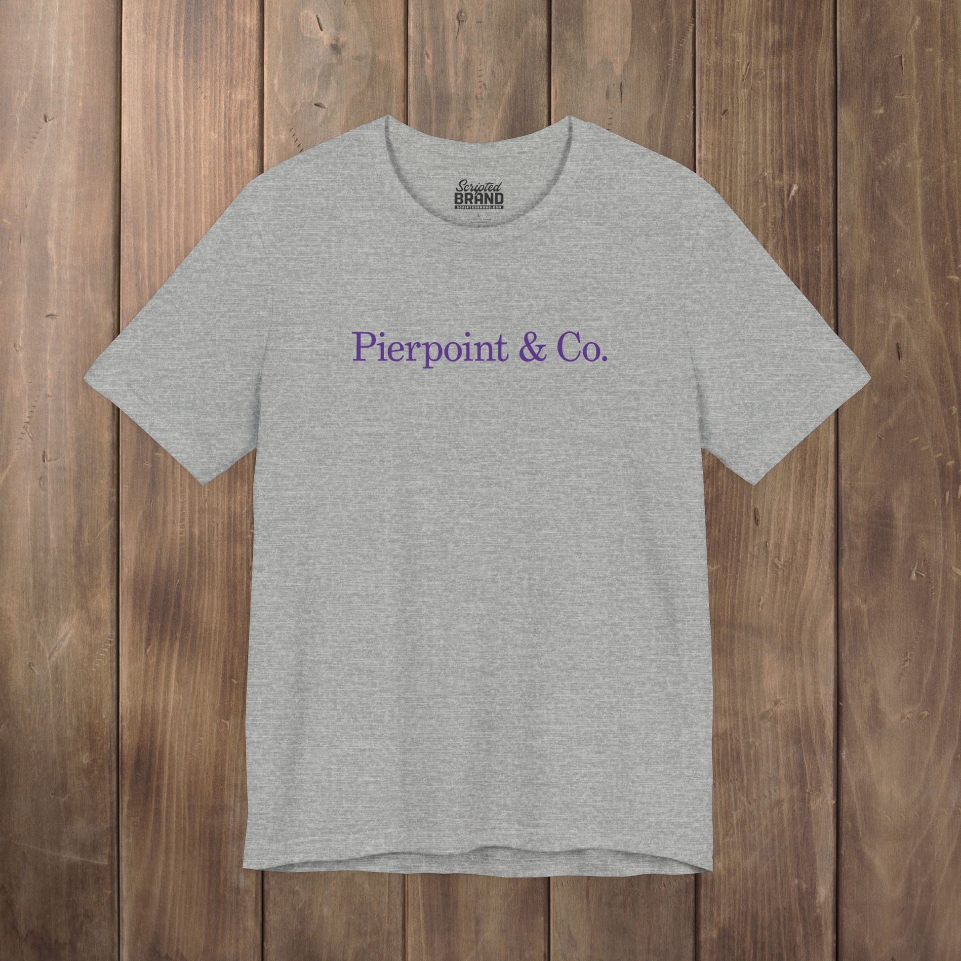 Heather gray Pierpoint & Co. logo t-shirt inspired by HBO Industry TV series, soft Bella+Canvas cotton investment bank fan tee