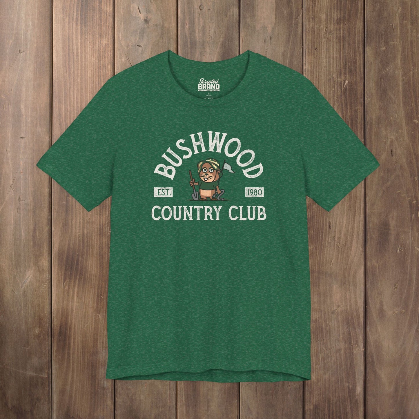 Woman wearing black Bella+Canvas tee with a vintage distressed Bushwood Country Club golf gopher logo from Caddyshack