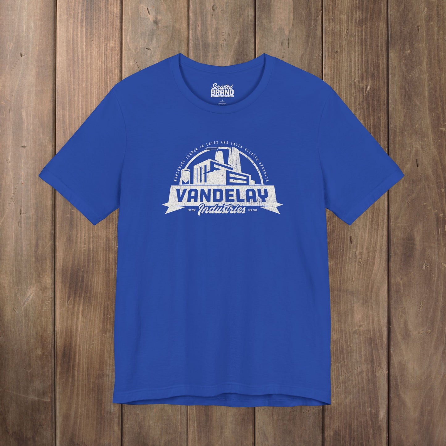 Royal Blue Bella+Canvas 3001 t-shirt with a Vandelay Industries logo that George Costanza made up in the TV Show Seinfeld.