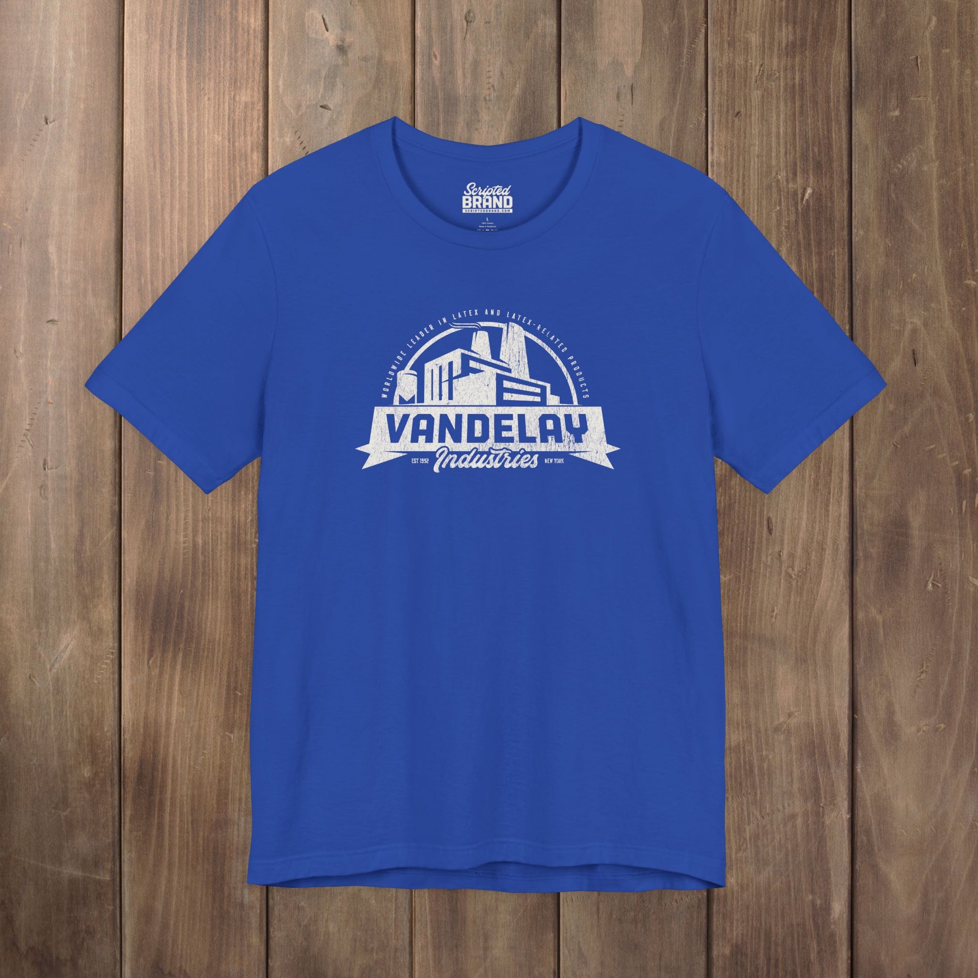 Royal Blue Bella+Canvas 3001 t-shirt with a Vandelay Industries logo that George Costanza made up in the TV Show Seinfeld.