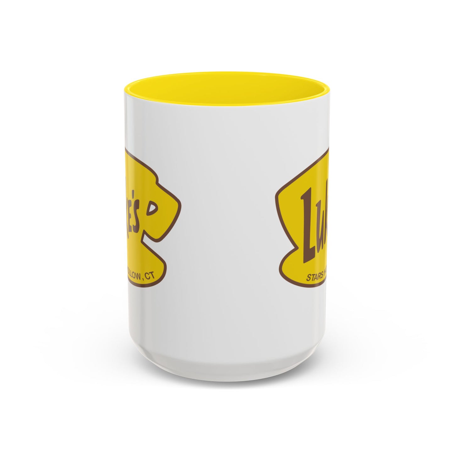 Side view of White ceramic mug with Luke’s Diner logo from Gilmore Girls printed on both sides.