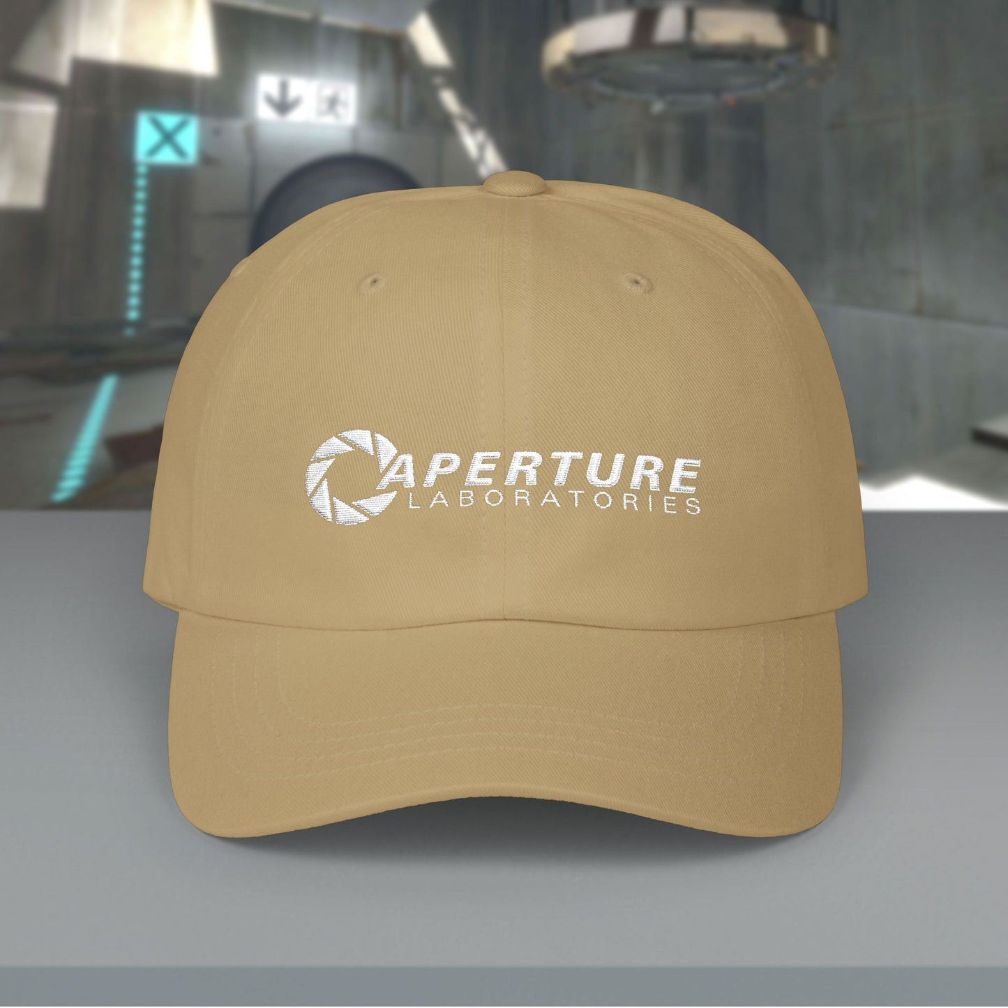 Khaki Aperture Laboratories embroidered logo dad cap inspired by Portal video games, 100% cotton baseball hat