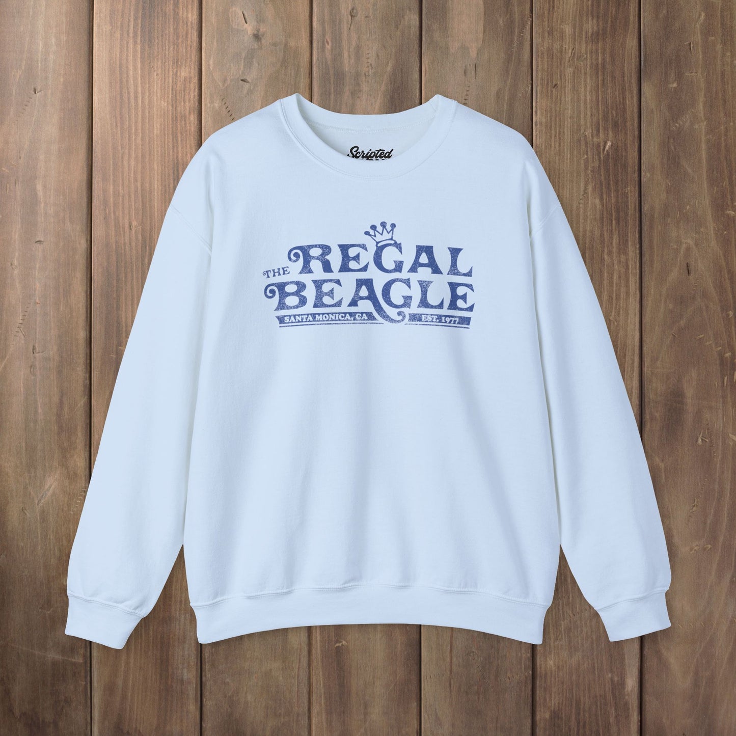 Light blue crewneck sweatshirt with vintage distressed blue Regal Beagle Three's Company logo