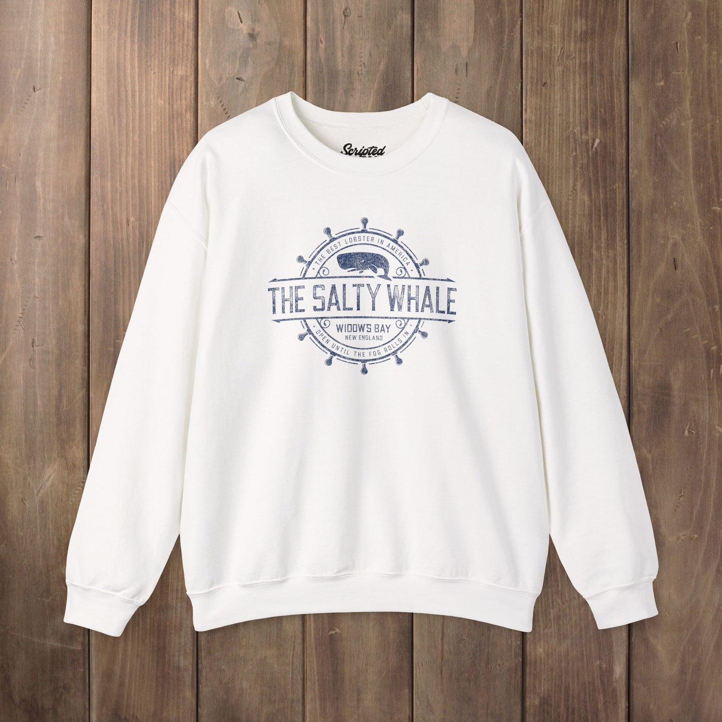 White Gildan crewneck sweatshirt with the distressed Salty Whale maritime crest logo from TV show Widow's Bay