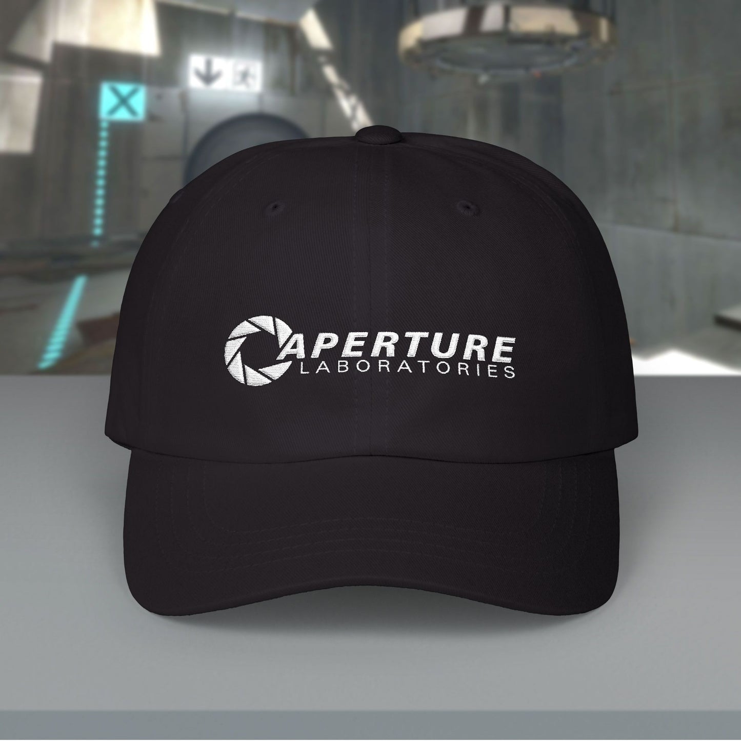 Black Aperture Laboratories embroidered logo dad cap inspired by Portal video games, 100% cotton baseball hat
