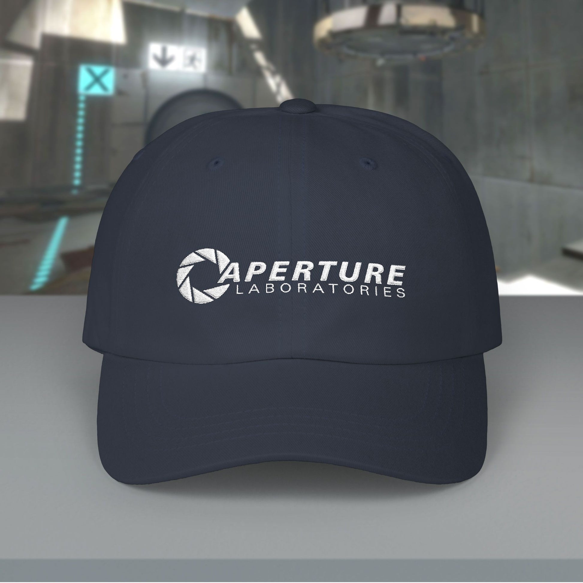 Navy blue Aperture Laboratories embroidered logo dad cap inspired by Portal video games, 100% cotton baseball hat
