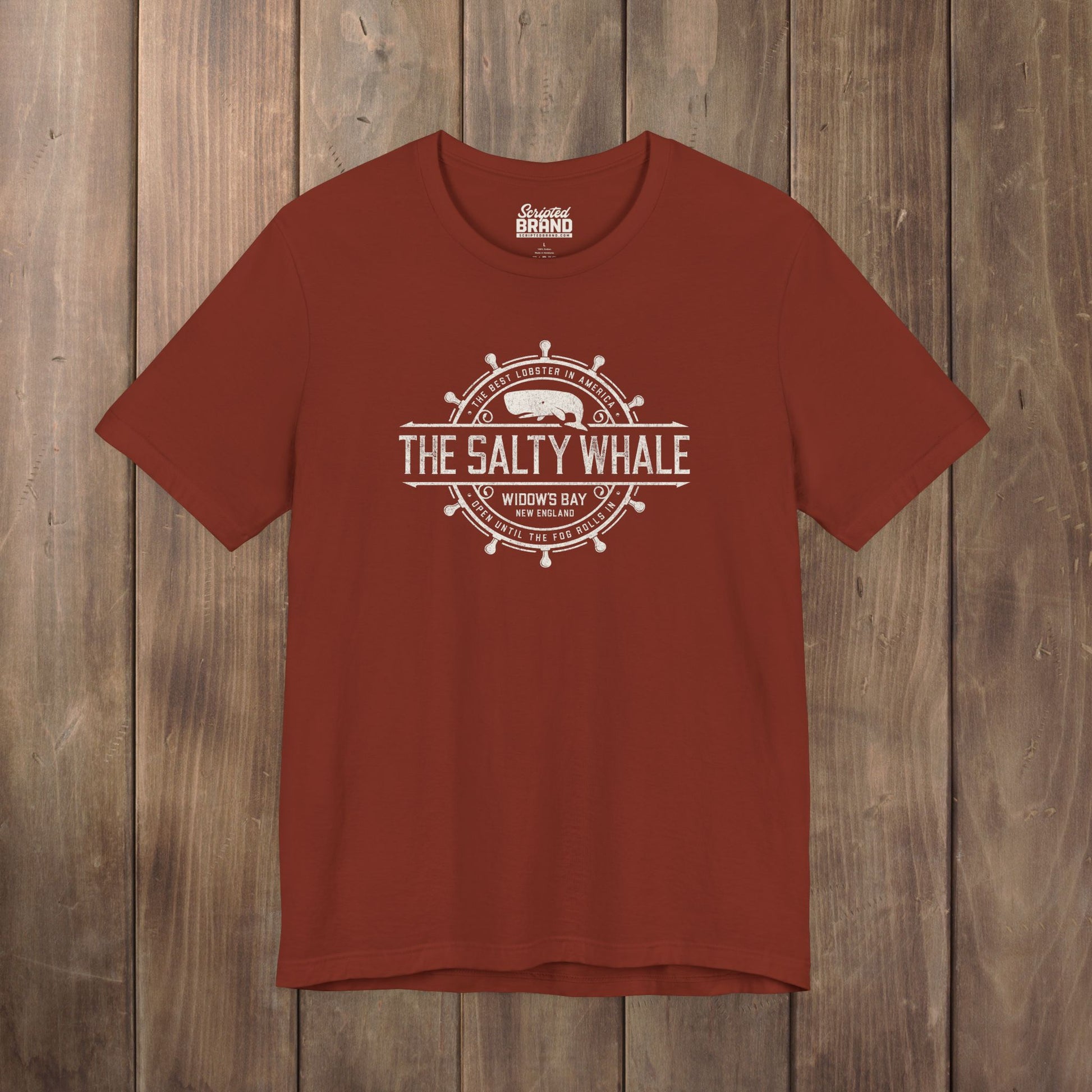Rust red The Salty Whale vintage distressed pub logo t-shirt inspired by Widow's Bay Apple TV series, soft Bella+Canvas cotton tee