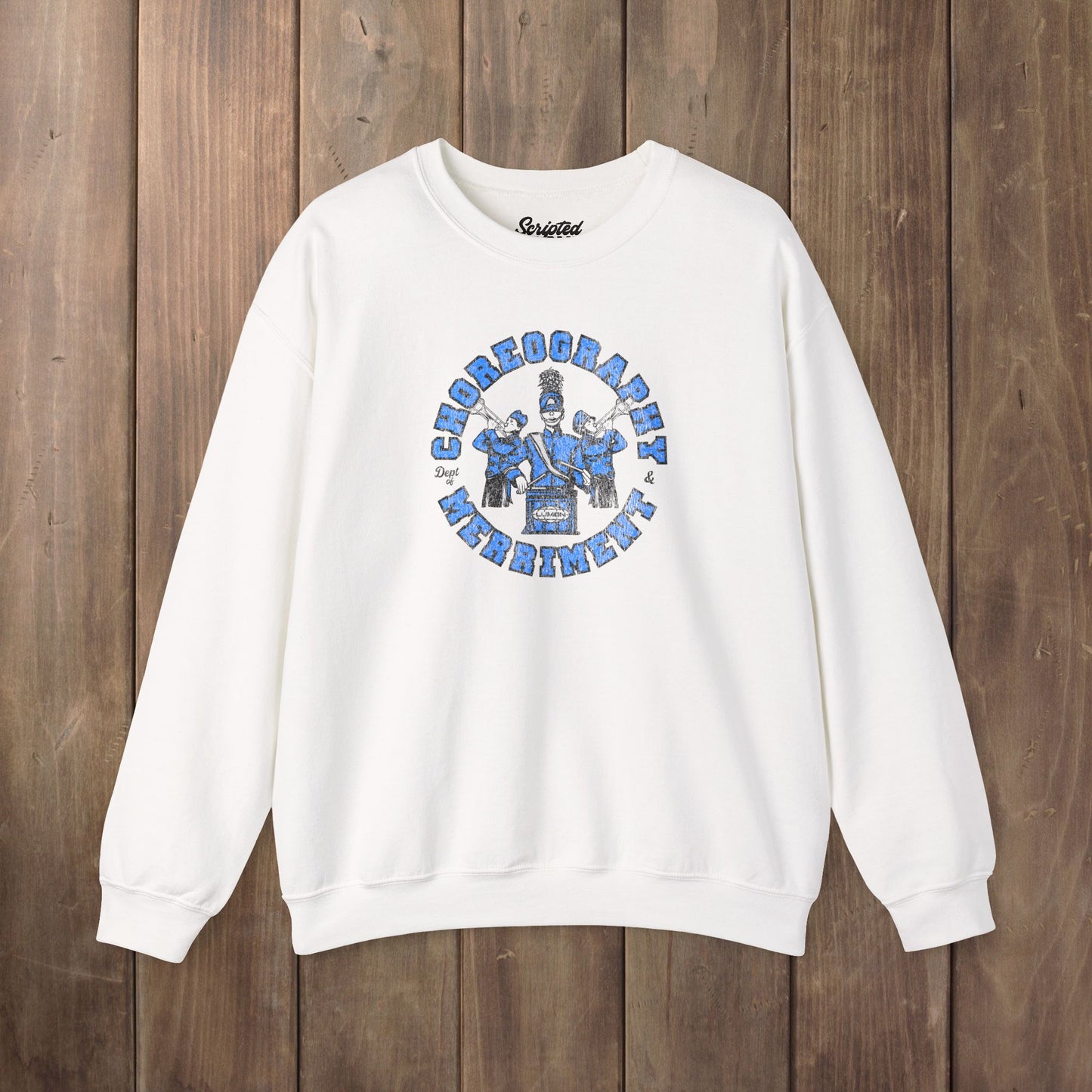 White crewneck sweatshirt with vintage Lumon Choreography and Merriment marching band art from Severance.