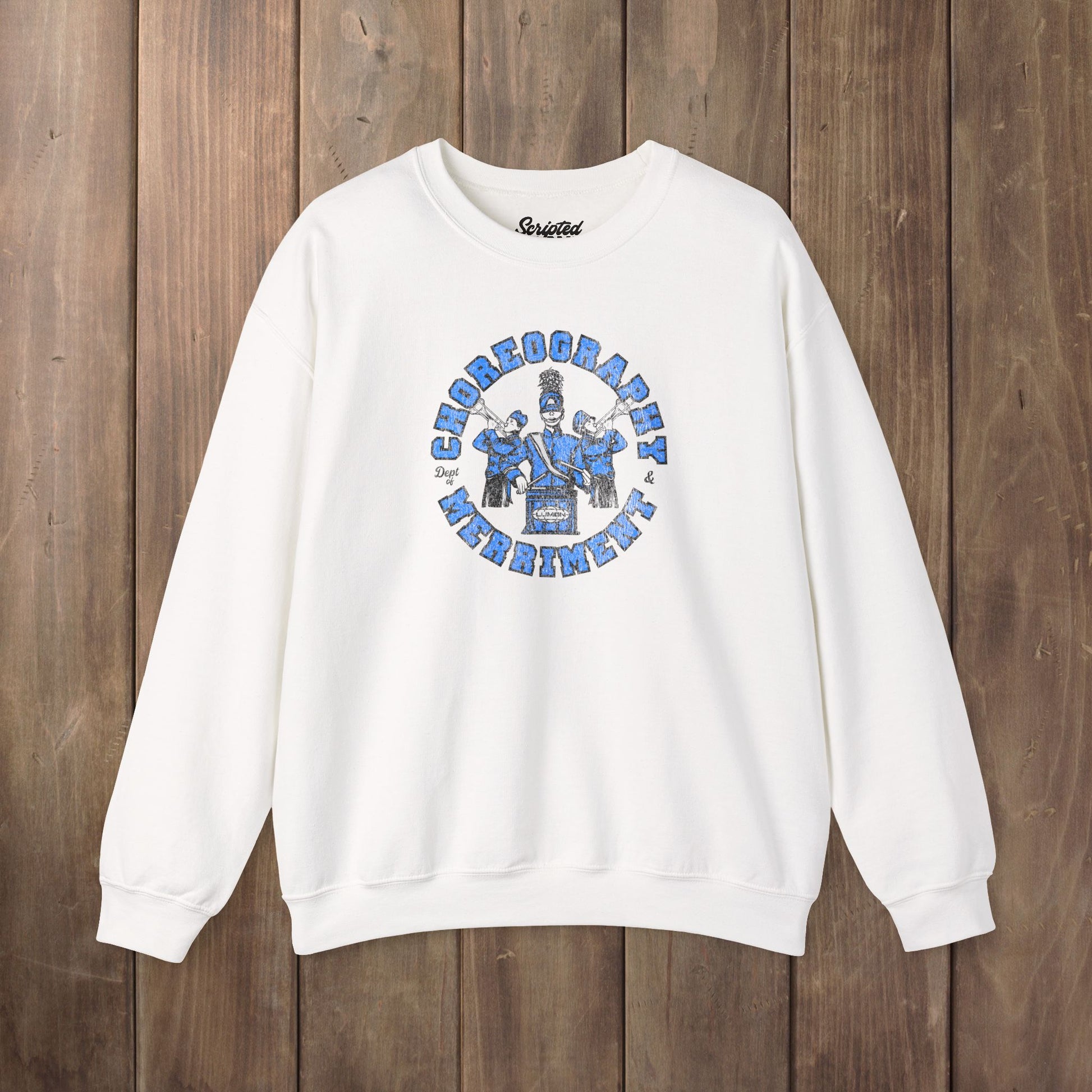 White crewneck sweatshirt with vintage Lumon Choreography and Merriment marching band art from Severance.