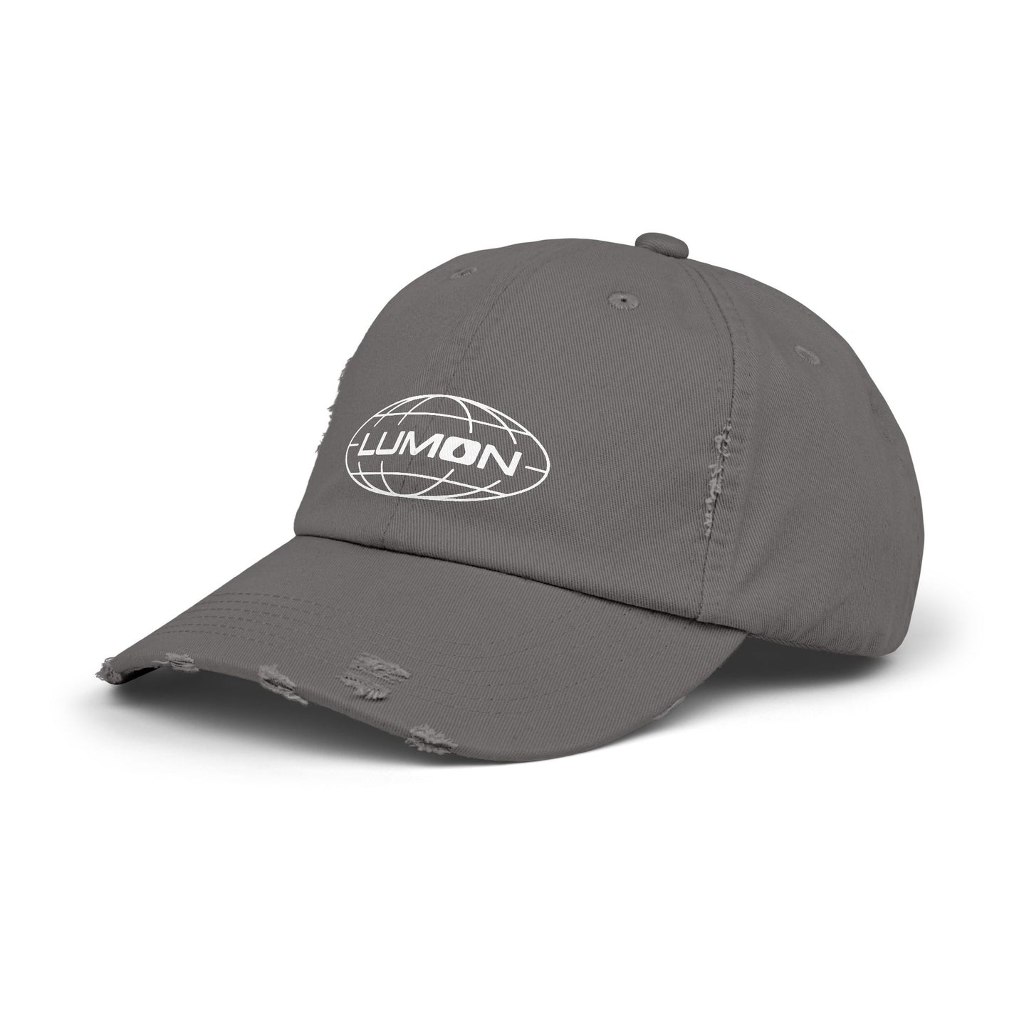 Angled view of a nickel gray District DT600 Vintage Distressed Baseball Cap with the Lumon Industries logo from the show Severance.