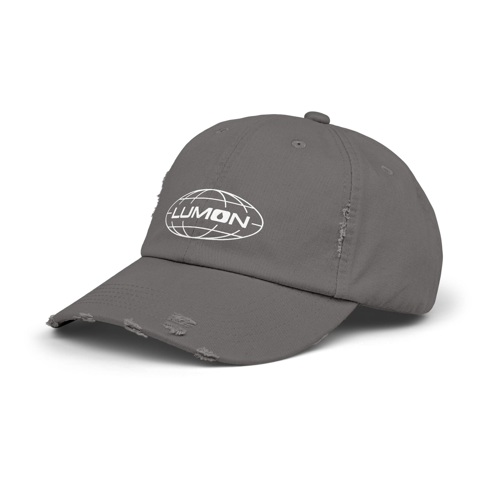Angled view of a nickel gray District DT600 Vintage Distressed Baseball Cap with the Lumon Industries logo from the show Severance.