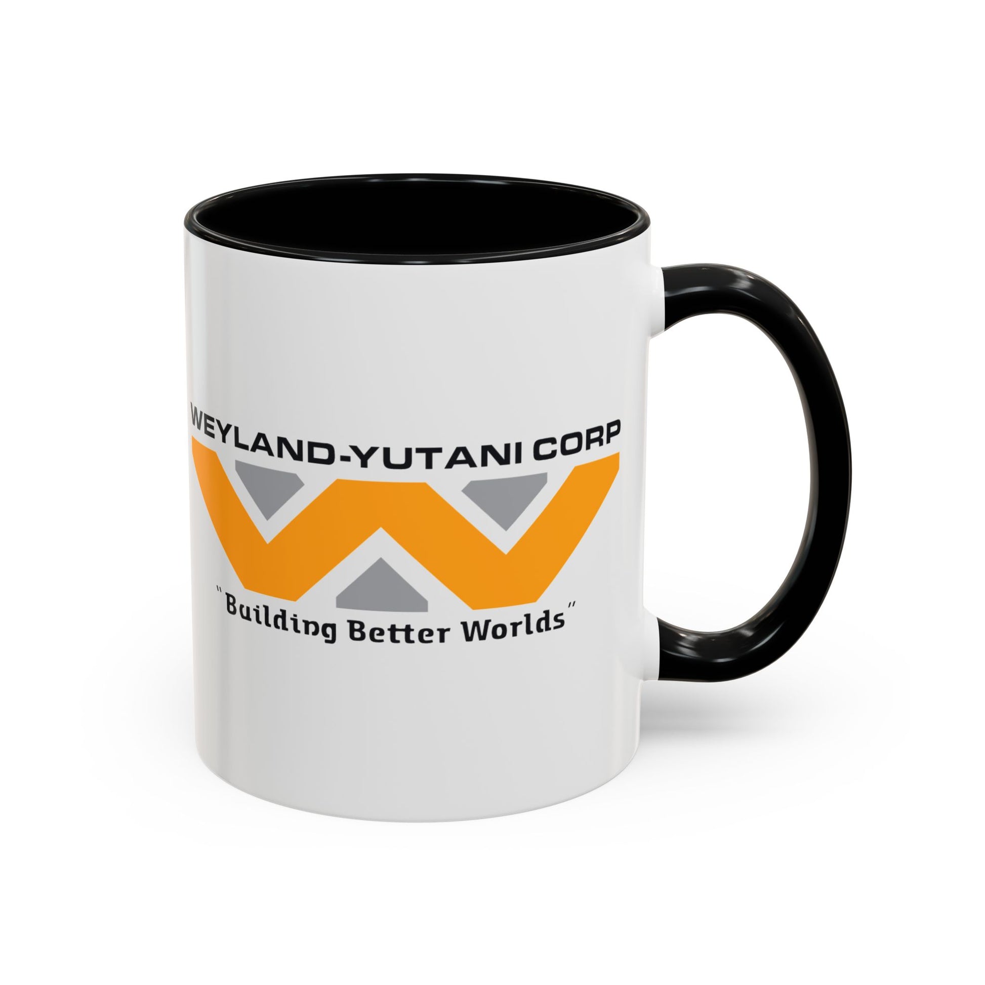 Weyland-Yutani Corp ceramic accent mug inspired by Alien movie, Building Better Worlds logo on white mug with black handle on right side
