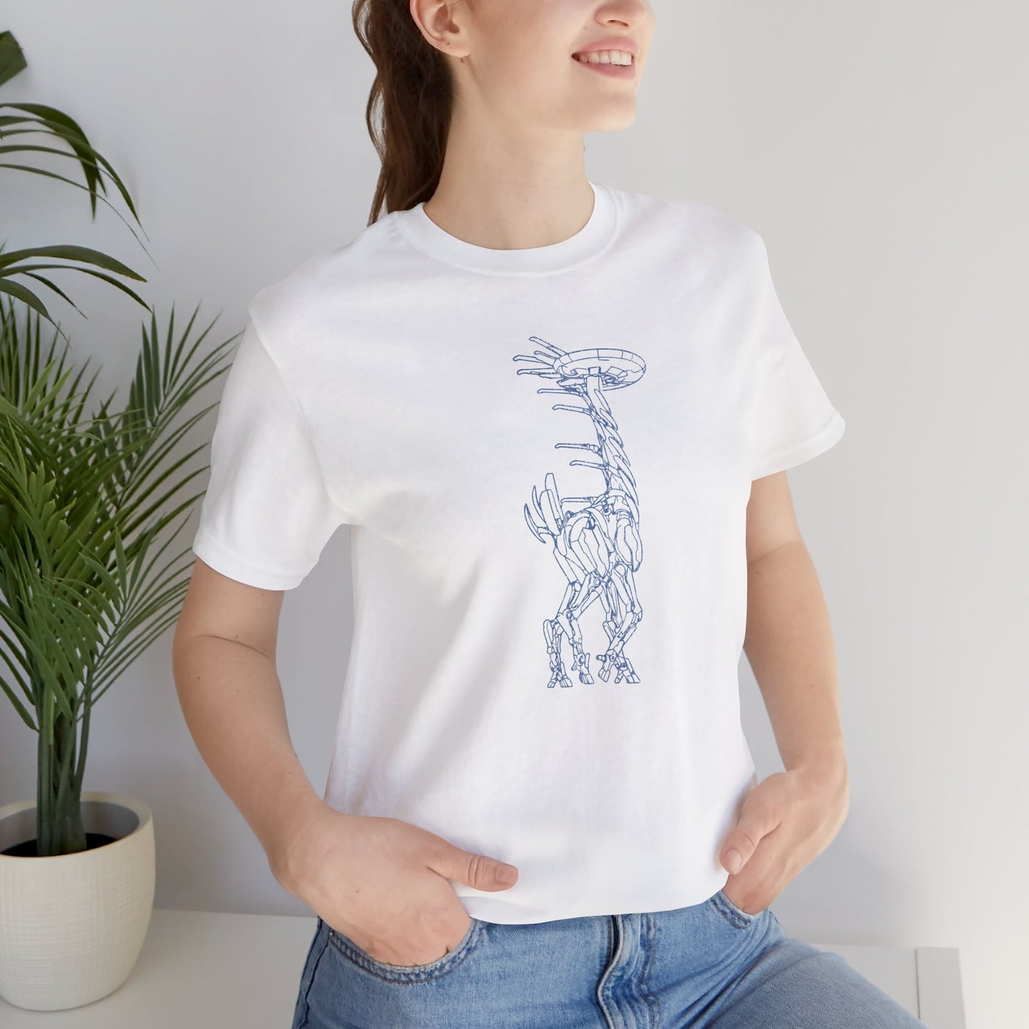 Woman wearing white Tallneck vintage line-art graphic t-shirt inspired by Horizon Zero Dawn and Forbidden West, soft Bella+Canvas cotton tee