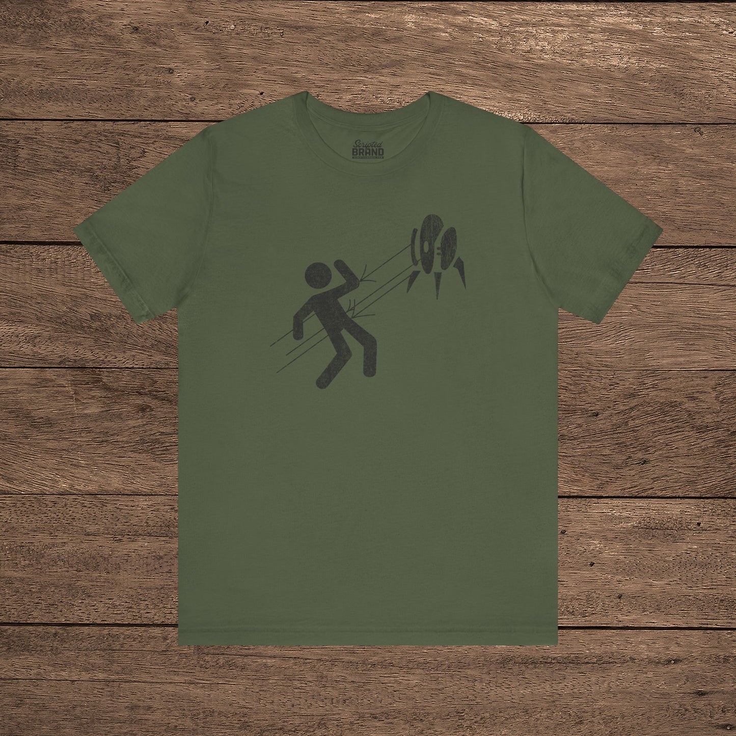 Military Green Aperture Science Turret warning icon t-shirt on Bella+Canvas 3001, vintage distressed print, Portal and Portal 2 fan tee.