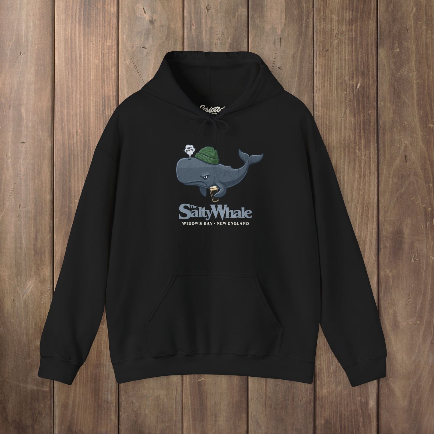 Black 'The Salty Whale' cartoon mascot hoodie inspired by Widow's Bay Apple TV series, heavy blend pullover sweatshirt