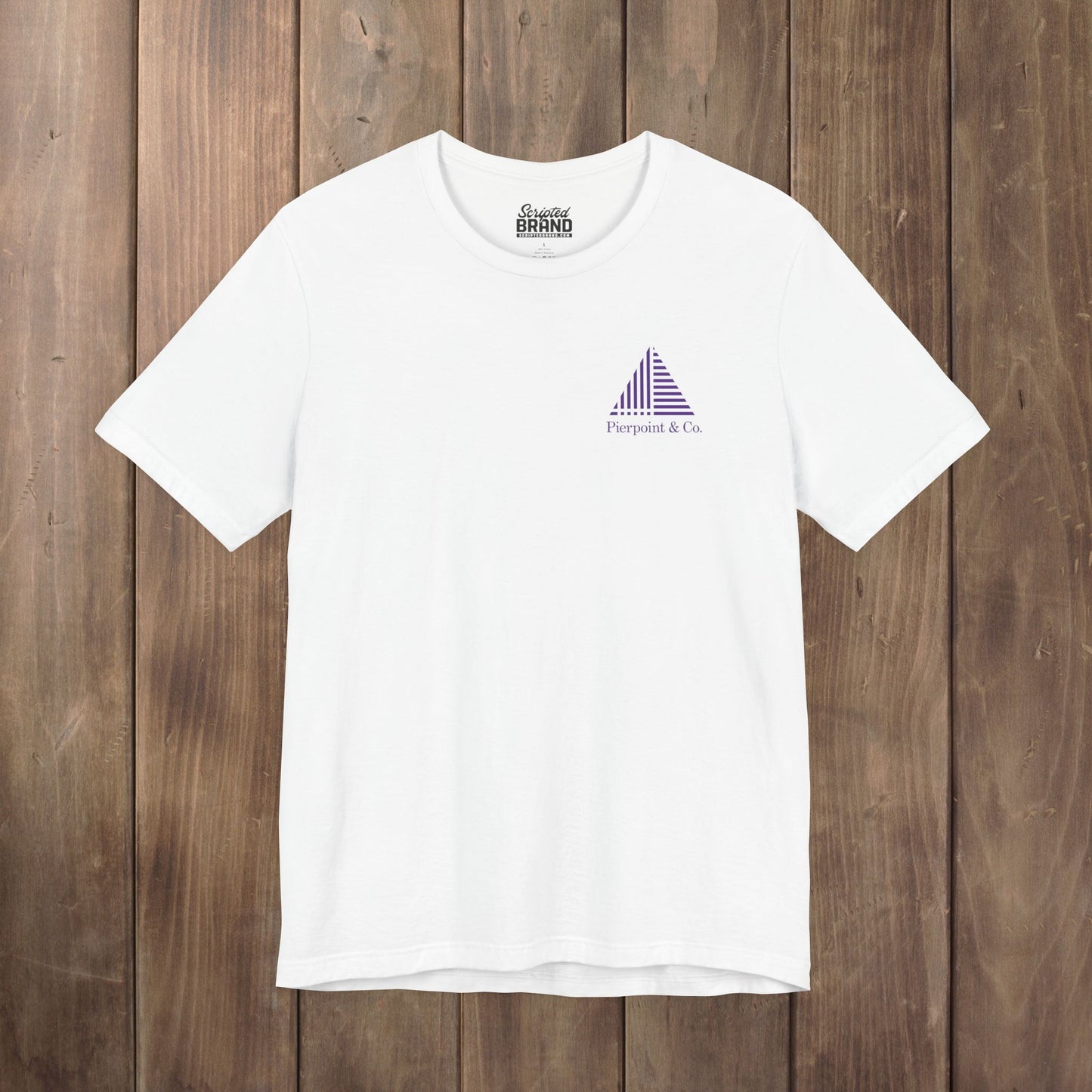 White and Purple Pierpoint & Co. corner logo t-shirt inspired by HBO Industry TV series, soft Bella+Canvas cotton investment bank fan tee