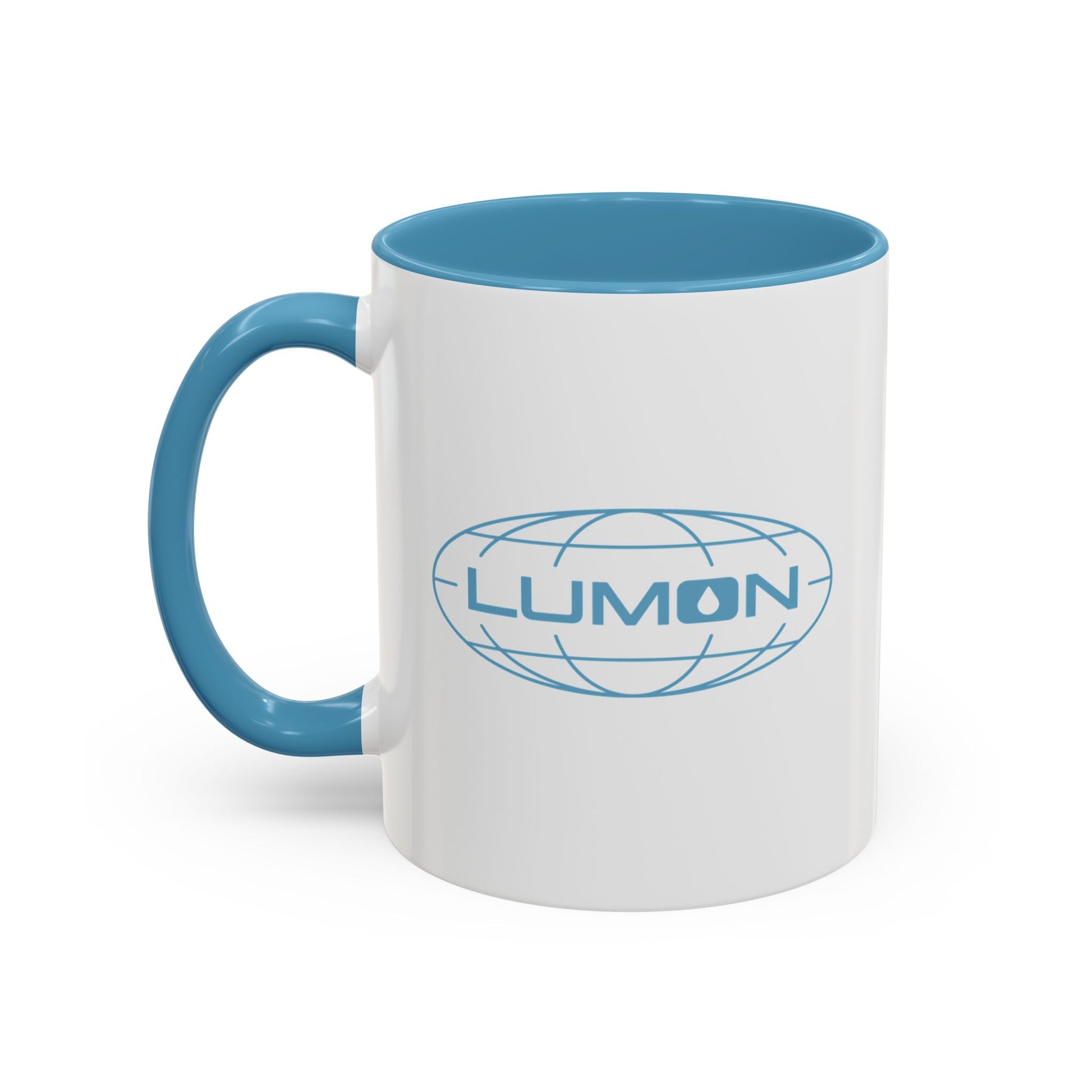 Front side of a White Ceramic Mug (11 oz) with the blue Lumon Industries logo on both sides, inspired by the Apple TV show Severance, with the handle on the left.