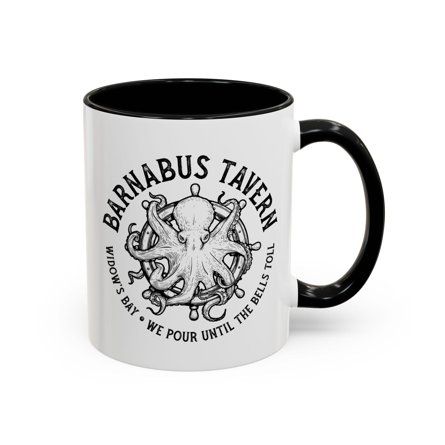 11 oz White accent mug with black handle on left and vintage Barnabus Tavern octopus ship's wheel design inspired by Widow's Bay.