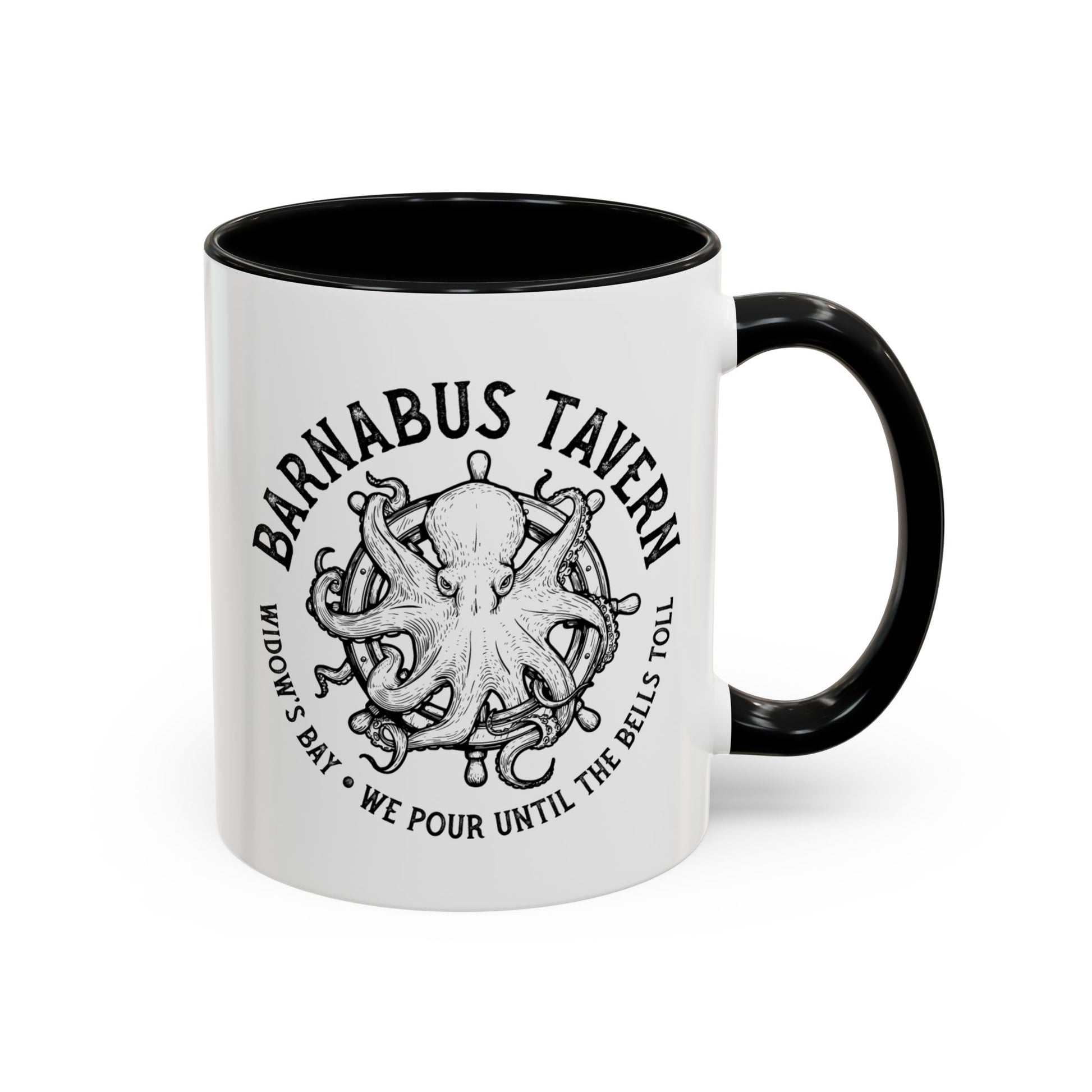 11 oz White accent mug with black handle on left and vintage Barnabus Tavern octopus ship's wheel design inspired by Widow's Bay.