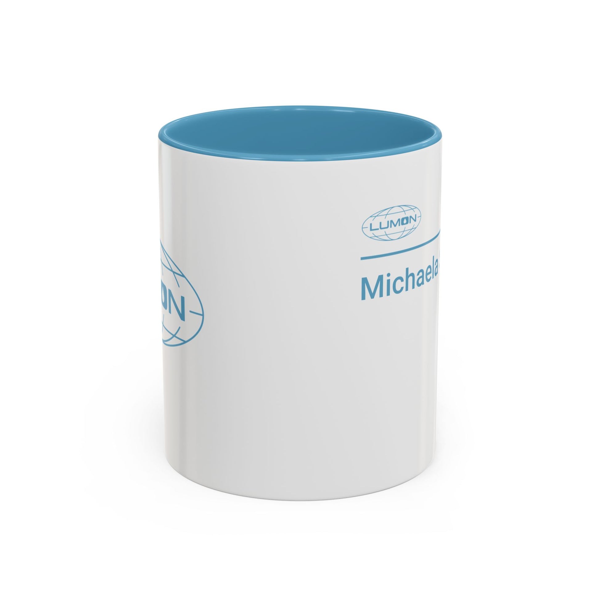 Side angle of a mockup of a White Ceramic Mug (11 oz) with the blue Lumon Industries logo on one side and customizable text on the other side (up to 120 characters) inspired by the Apple TV show Severance.