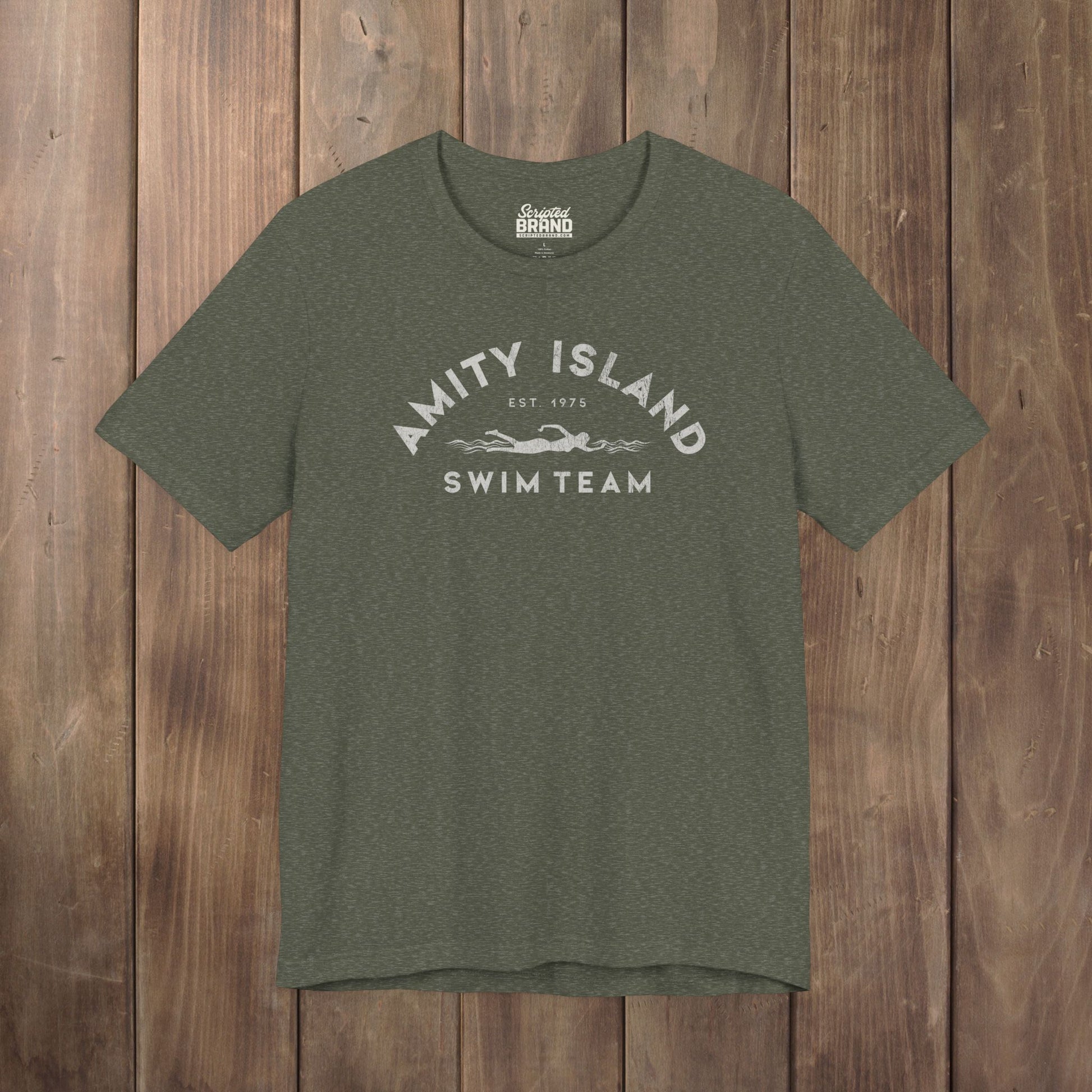 Heather military green tee with vintage distressed Amity Island Swim Team Jaws-inspired swimmer logo