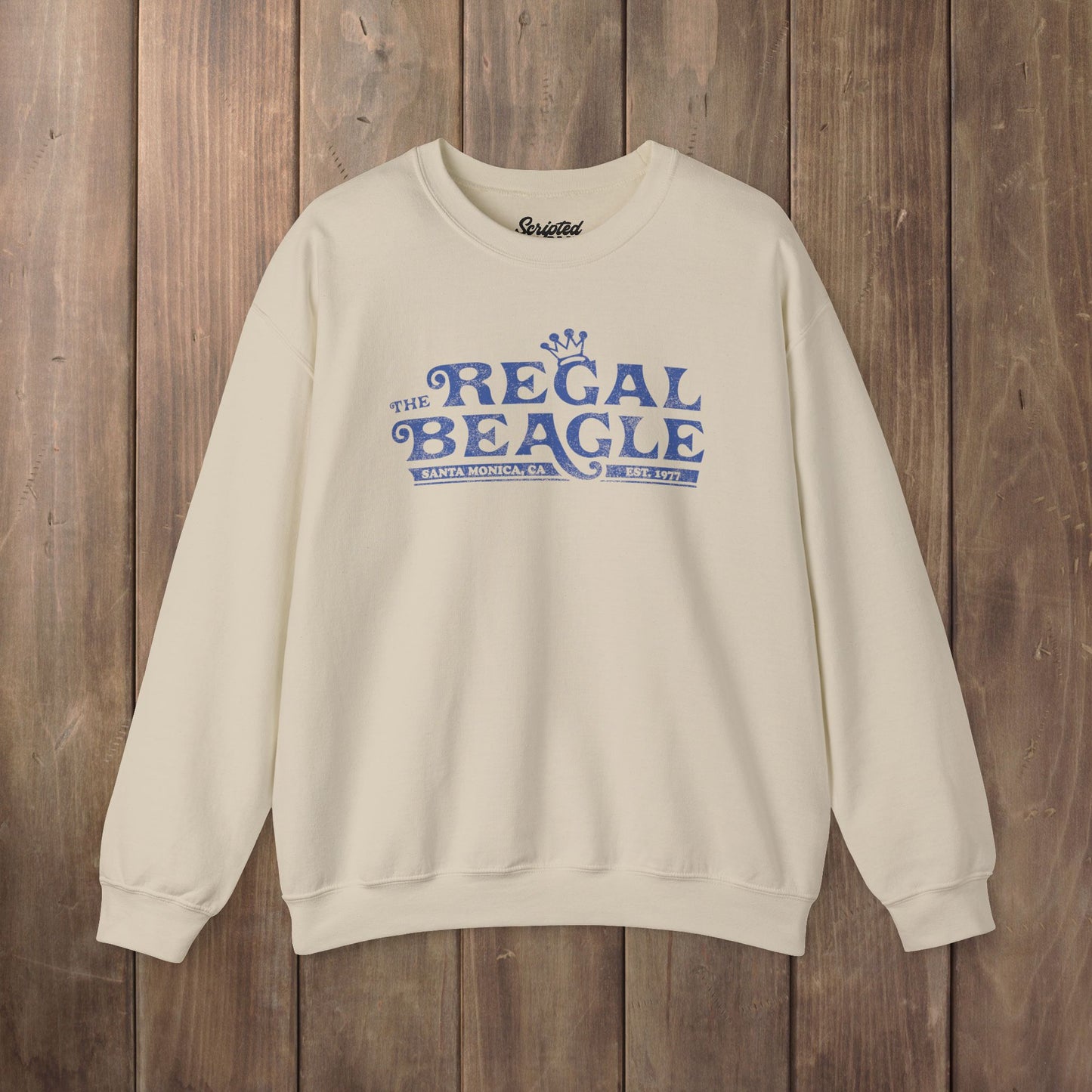 Sand beige crewneck sweatshirt with vintage distressed blue Regal Beagle Three's Company logo