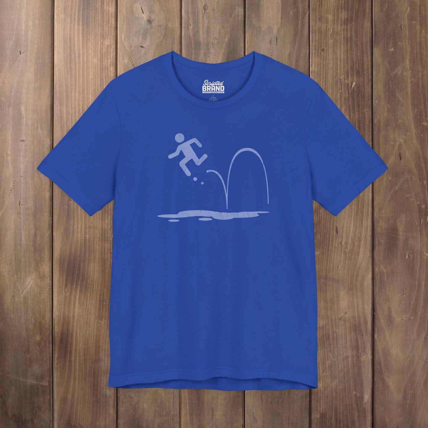 Royal blue tee with vintage distressed Portal 2 Repulsion Gel icon of a figure bouncing off gel