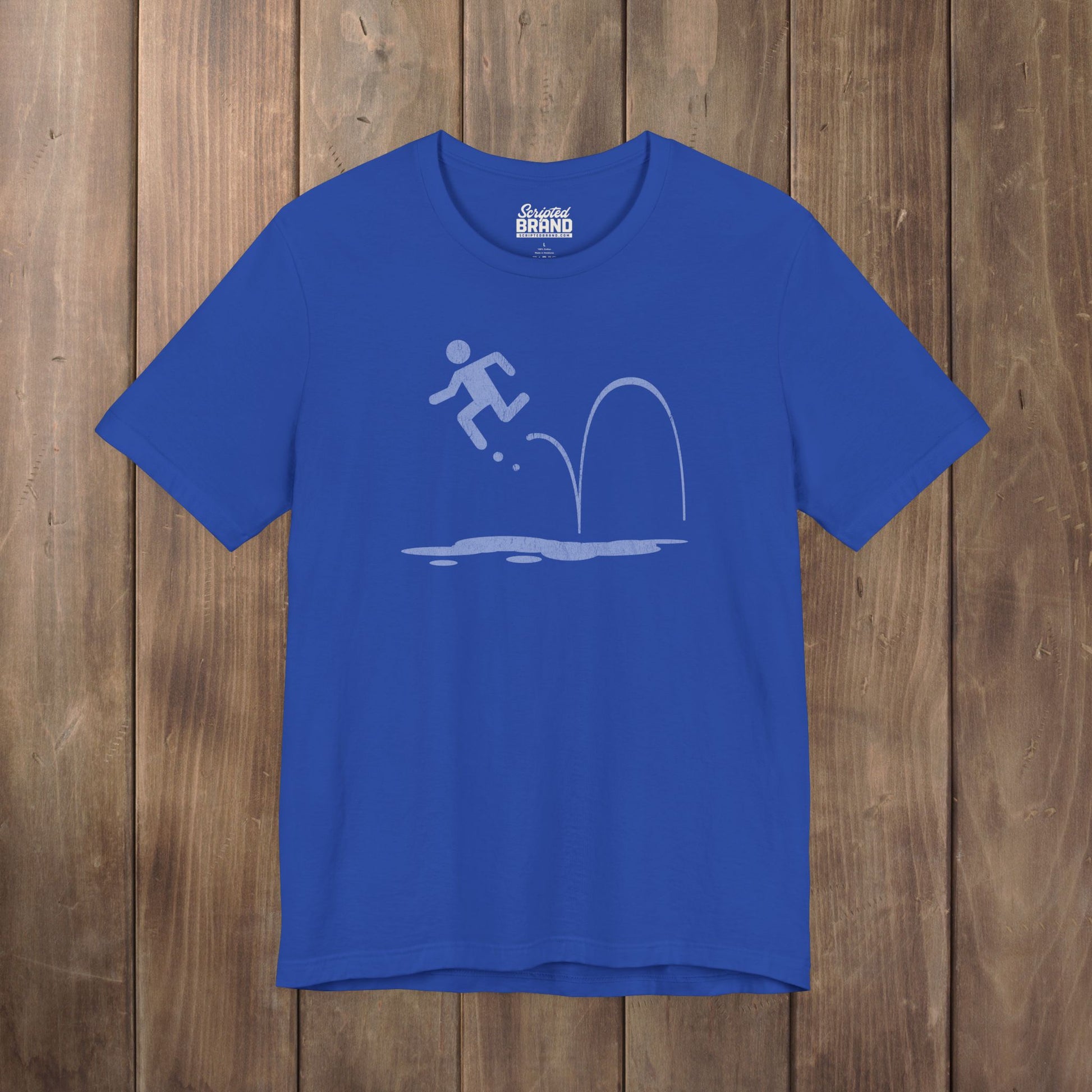 Royal blue tee with vintage distressed Portal 2 Repulsion Gel icon of a figure bouncing off gel
