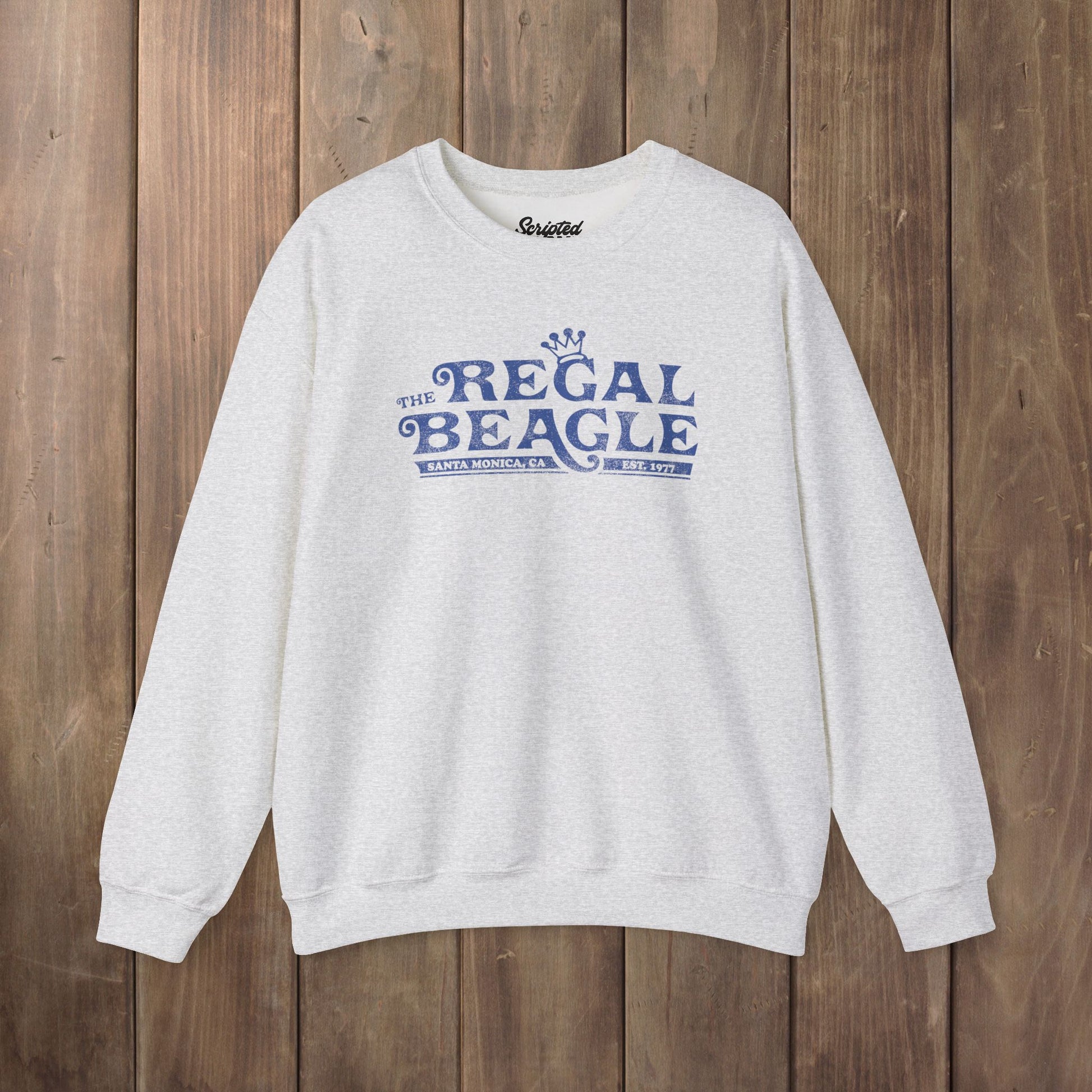 Ash crewneck sweatshirt with vintage distressed blue Regal Beagle Three's Company logo