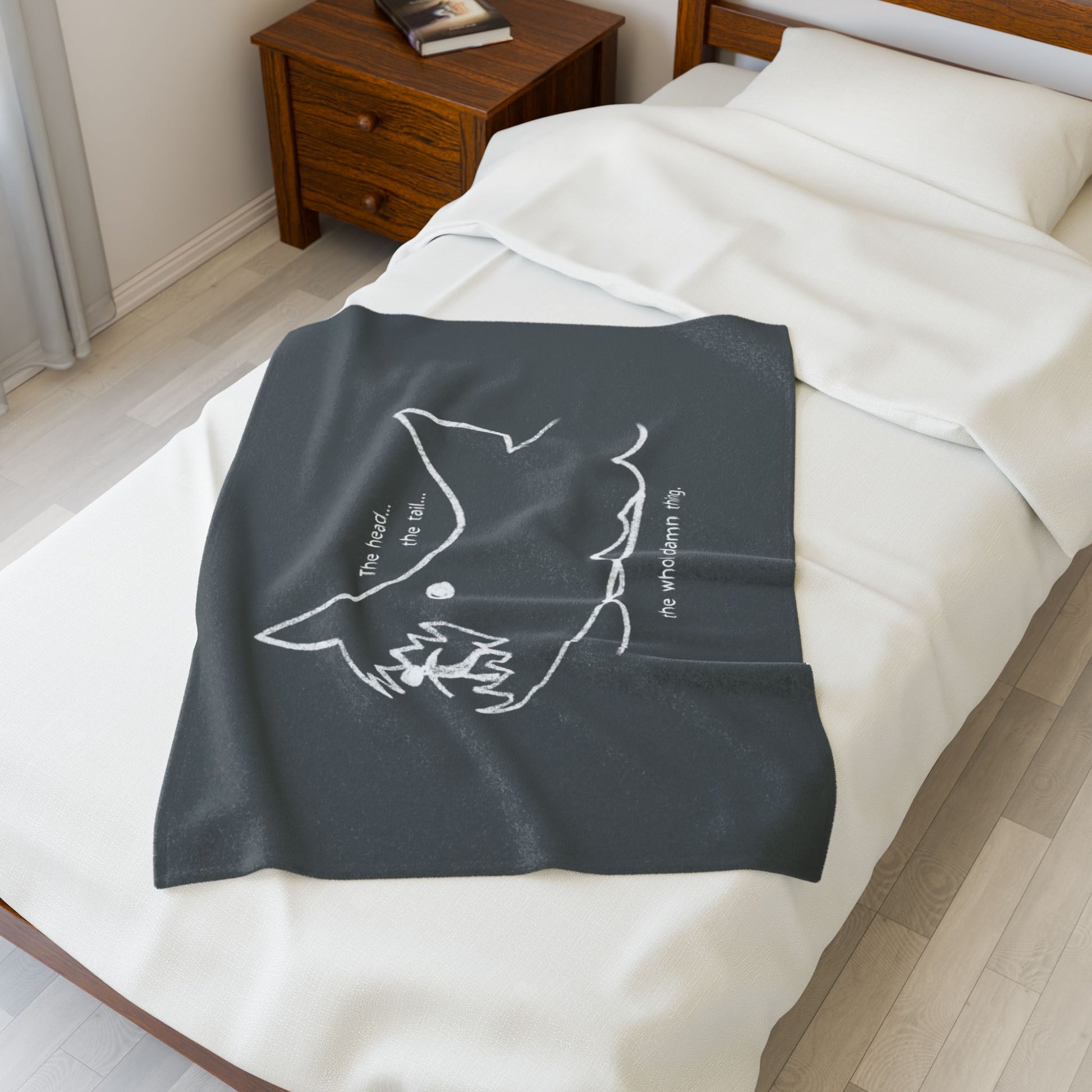 30x40 Velveteen plush blanket with Quint’s chalkboard shark drawing from Jaws, shown draped on a bed.